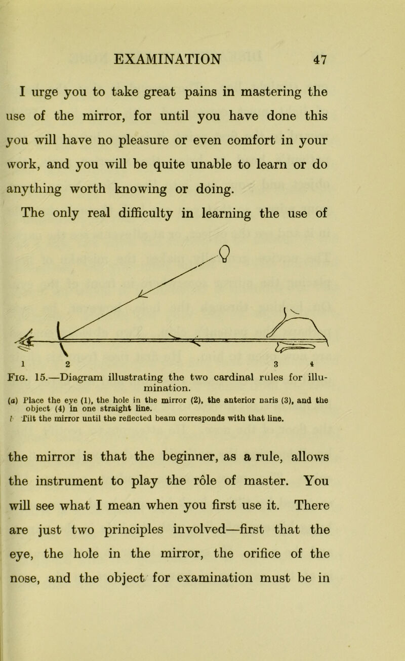 I urge you to take great pains in mastering the use of the mirror, for until you have done this you will have no pleasure or even comfort in your work, and you will be quite unable to learn or do anything worth knowing or doing. The only real difficulty in learning the use of mination. (a) Place the eye (1), the hole in the mirror (2), the anterior naris (3), and the object (4) in one straight line. I Tilt the mirror until the reflected beam corresponds with that Une. the mirror is that the beginner, as a rule, allows the instrument to play the role of master. You will see what I mean when you first use it. There are just two principles involved—first that the eye, the hole in the mirror, the orifice of the nose, and the object for examination must be in