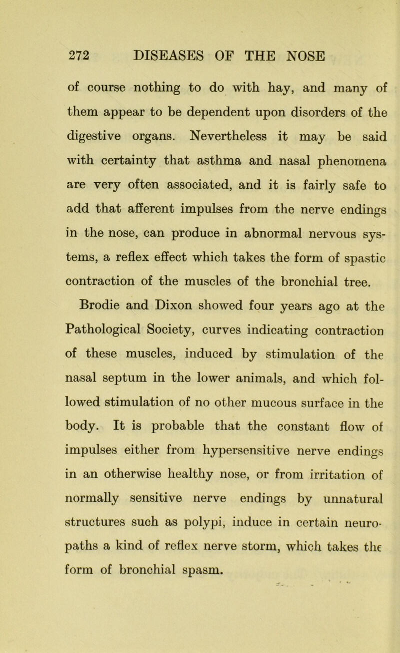 of course nothing to do with hay, and many of them appear to be dependent upon disorders of the digestive organs. Nevertheless it may be said with certainty that asthma and nasal phenomena are very often associated, and it is fairly safe to add that afferent impulses from the nerve endings in the nose, can produce in abnormal nervous sys- tems, a reflex effect which takes the form of spastic contraction of the muscles of the bronchial tree. Brodie and Dixon showed four years ago at the Pathological Society, curves indicating contraction of these muscles, induced by stimulation of the nasal septum in the lower animals, and which fol- lowed stimulation of no other mucous surface in the body. It is probable that the constant flow of impulses either from hypersensitive nerve endings in an otherwise healthy nose, or from irritation of normally sensitive nerve endings by unnatural structures such as polypi, induce in certain neuro- paths a kind of reflex nerve storm, which takes the form of bronchial spasm.