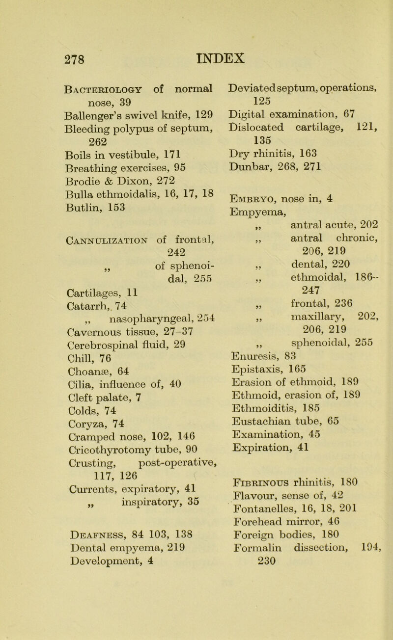 Bacteriology of normal nose, 39 Ballenger’s swivel knife, 129 Bleeding polypus of septum, 262 Boils in vestibule, 171 Breathing exercises, 95 Brodie & Dixon, 272 Bulla ethmoidalis, 16, 17, 18 Butlin, 153 Cannulization of frontal, 242 „ of sphenoi- dal, 255 Cartilages, 11 Catarrh,, 74 „ nasopharyngeal, 254 Cavernous tissue, 27-37 Cerebrospinal fluid, 29 Chill, 76 Choanae, 64 Cilia, influence of, 40 Cleft palate, 7 Colds, 74 Coryza, 74 Cramped nose, 102, 146 Cricothyrotomy tube, 90 Crusting, post-operative, 117, 126 Currents, expiratory, 41 „ inspiratory, 35 Deafness, 84 103, 138 Dental empyema, 219 Development, 4 Deviated septum, operations, 125 Digital examination, 67 Dislocated cartilage, 121, 135 Dry rhinitis, 163 Dunbar, 268, 271 Embryo, nose in, 4 Empyema, „ antral acute, 202 „ antral chronic, 206, 219 „ dental, 220 ,, ethmoidal, 186- 247 „ frontal, 236 ,, maxillary, 202, 206, 219 ,, splienoidal, 255 Enuresis, 83 Epistaxis, 165 Erasion of ethmoid, 189 Ethmoid, erasion of, 189 Etlunoiditis, 185 Eustachian tube, 65 Examination, 45 Expiration, 41 Fibrinous rhinitis, 180 Flavour, sense of, 42 Fontanelles, 16, 18, 201 Forehead mirror, 46 Foreign bodies, 180 Formalin dissection, 194, 230