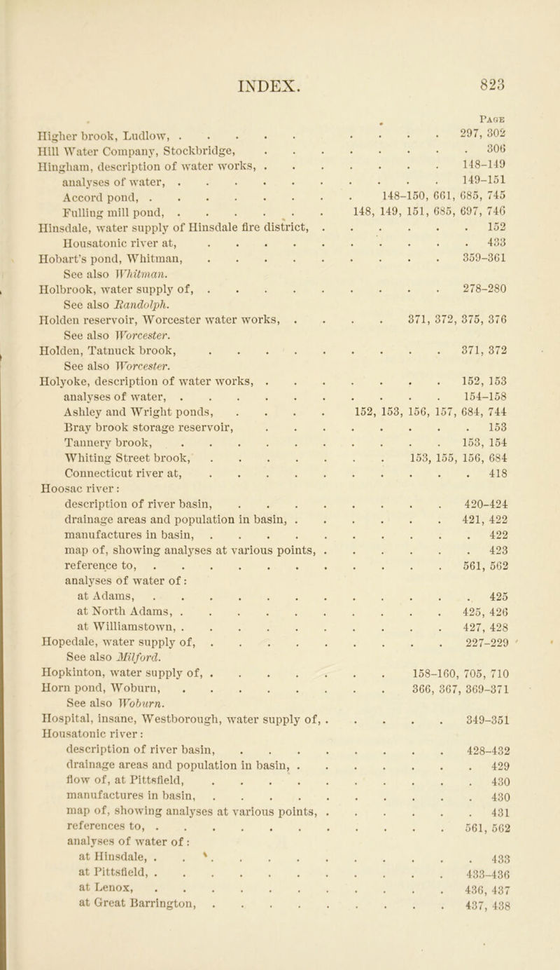 # Page Higher brook, Ludlow, 297, 302 Hill Water Compain^ Stockbridge, . . . . . 306 Iliugham, description of water works, . 148-149 analyses of water, 149-151 Accord pond, 148-150, G61, 685, 745 Fulling mill pond, . . . . ^ . 148, 149, 151, 685, 697, 74G Hinsdale, water supply of Hinsdale fire district, . 152 Housatonic river at, ..... .... 433 Hobart’s pond. Whitman, ..... 359-361 See also Whitman. Holbrook, water supply of, 278-280 See also Randolph. Holden reservoir, Worcester water works, . 371,372,375,376 See also Worcester. Holden, Tatnuck brook, 371, 372 See also Worcester. Holyoke, description of water works, . 152, 153 analyses of water, 154-158 Ashley and Wright ponds, .... 152, 153, 156, 157, 684, 744 Bray brook storage reservoir. 153 Tannery brook, ...... 153, 154 Whiting Street brook,' 153, 155, 156, 684 Connecticut river at, 418 Hoosac river: description of river basin, .... 420-424 drainage areas and population in basin, . 421, 422 manufactures in basin, ..... 422 map of, showing analyses at various points, . 423 reference to, 561, 562 analyses of water of: at Adams, ....... 425 at North Adams, 425, 426 at Williamstown, 427, 428 Hopedale, water supply of, 227-229 ' See also Milford. Hopkinton, water supply of, 158-160, 705, 710 Horn pond, Woburn, 366, 367, 369-371 See also Wohiirn. Hospital, insane, Westborough, water supply of, . 349-351 Housatonic river: description of river basin, .... 428-432 drainage areas and population in basin, . 429 flow of, at Pittsfield, 430 manufactures in basin, 430 map of, showing analyses at various points, . 431 references to, 561, 562 analyses of water of : at Hinsdale, . . ' 433 at Pittsfield, 433-436 at Lenox, 436, 437 at Great Barrington, ..... 437, 438