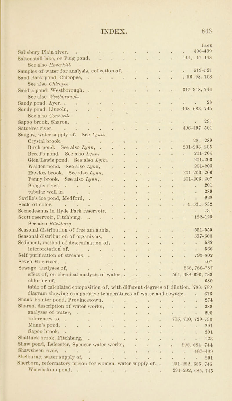 Salisbury Plain river, .... Saltoustall lake, or Plug pond. See also Haverhill. Samples of water for analysis, collection of, Sand Bank pond, Chicopee, . See also Chicopee. Sandra pond, Westborough, . See also Westborough. Sandy pond, Ayer, .... Sandy pond, Lincoln, See also Concord. Sapoo brook, Sharon, Satucket river, .... Saugus, water supply of. See Lynn. Crystal brook, Birch pond. See also Lynn, . Breed’s pond. See also Lynn, Glen Lewis pond. See also Lynn^ Walden pond. See also Lynn, Hawkes brook. See also Lynn, Penny brook. See also Lynn, Saugus river, . tubular well in, Saville’s ice pond, Medford, . Scale of color, Scenedesmus in Hyde Park reservoir, Scott reservoir, Pitchburg, See also Fitchburg. Seasonal distribution of free ammonia, Seasonal distribution of organisms. Sediment, method of determination of, interpretation of, . Self purification of streams, . Seven Mile river, Sewage, analyses of, ... . effect of, on chemical analysis of water. Page 490-499 144, 147-148 519-521 . 96, 98, 708 347-348, 740 28 108, 683, 745 . 291 490-497, 501 281, 289 201-203, 205 201-204 201-203 201-203 201-203, 200 201-203, 207 . 201 . 289 222 4, 531, 532 731 122-125 551-555 597-600 532 . 566 793-802 . 407 538, 786-787 561, 688-690, 789 . . . 680 chlorine of, table of calculated composition of, with different degrees of dilution, 788, 789 diagram showing comparativ’^e temperatures of water and sewage, . 076 Shank Painter pond, Provincetown, Sharon, description of water works, analyses of water, .... references to, Mann’s pond, Sapoo brook, Shattuck brook, Fitchburg, Shaw pond, Leicester, Spencer water works, Shawsheen river, Shelburne, water supply of, . Sherborn, reformatory prison for women, water supply of, Waushakum pond, 274 289 290 705, 710, 729-730 . 291 291 123 296, 684, 744 487-489 291 291-292, 685, 745 291-292, 685, 745