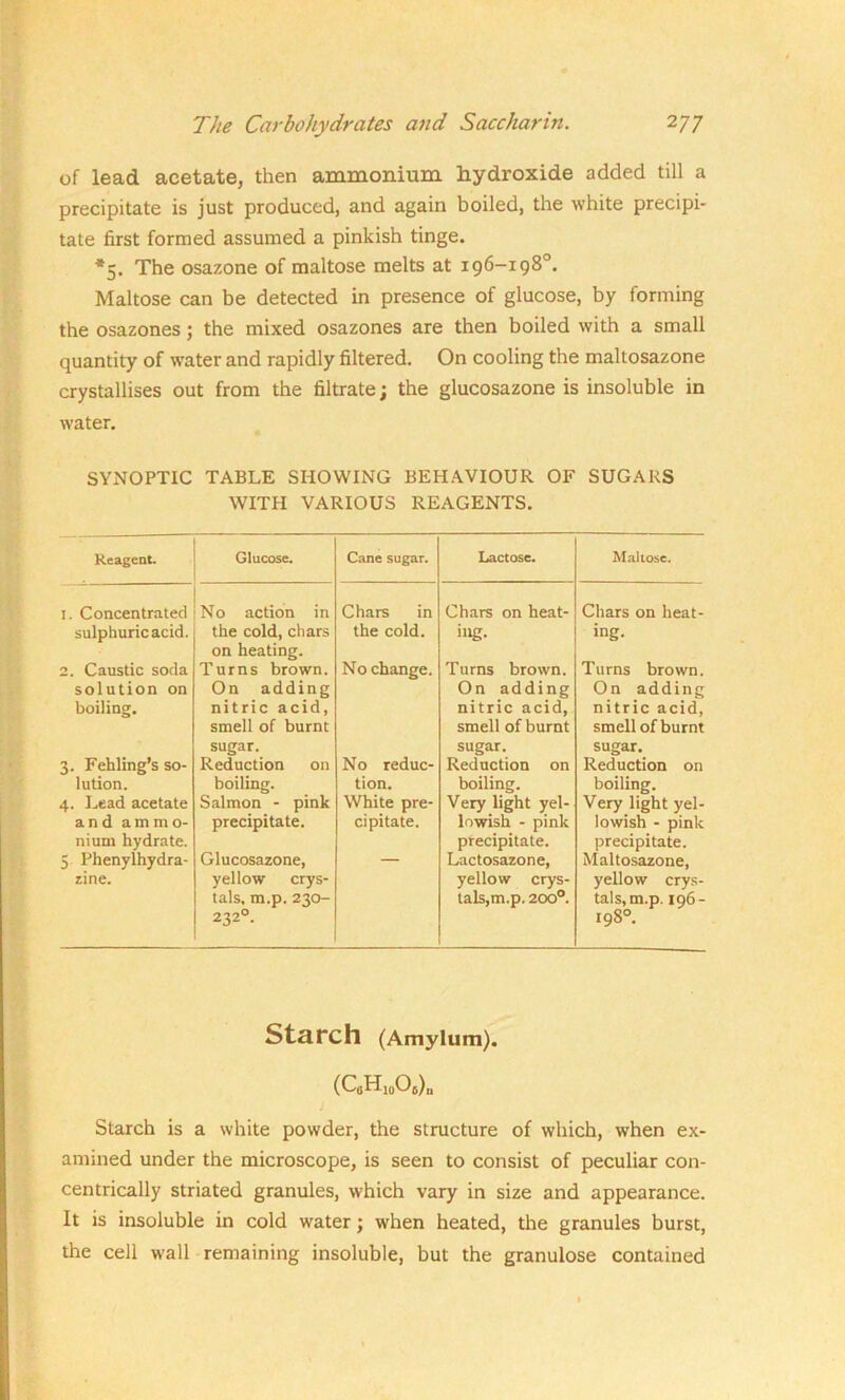 of lead acetate, then ammonium hydroxide added till a precipitate is just produced, and again boiled, the white precipi- tate first formed assumed a pinkish tinge. *5. The osazone of maltose melts at 196-198°. Maltose can be detected in presence of glucose, by forming the osazones; the mixed osazones are then boiled with a small quantity of water and rapidly filtered. On cooling the maltosazone crystallises out from the filtrate; the glucosazone is insoluble in water. SYNOPTIC TABLE SHOWING BEHAVIOUR OF SUGARS WITH VARIOUS REAGENTS. Reagent. Glucose. Cane sugar. Lactose. Maltose. I. Concentrated No action in Chars in Chars on heat- Chars on heat- sulphuric acid. the cold, chars on heating. the cold. ing. ing. 2. Caustic soda solution on boiling. Turns brown. On adding nitric acid, smell of burnt sugar. No change. Turns brown. On adding nitric acid, smell of burnt sugar. Turns brown. On adding nitric acid, smell of burnt sugar. 3. Fehling’s so- Reduction on No reduc- Reduction on Reduction on lution. boiling. tion. boiling. boiling. 4. Lead acetate Salmon - pink White pre- Very light yel- Very light yel- and ammo- nium hydrate. precipitate. cipitate. lowish - pink precipitate. lowish - pink precipitate. 5 Phenylhydra- zine. Glucosazone, yellow crys- tals, m.p. 230- 2320. Lactosazone, yellow crys- tals,m.p. 200°. Maltosazone, yellow crys- tals, m.p. 196- 198° Starch (Amylum). (CeHmOj),, Starch is a white powder, the structure of which, when ex- amined under the microscope, is seen to consist of peculiar con- centrically striated granules, which vary in size and appearance. It is insoluble in cold water; when heated, the granules burst, the cell wall remaining insoluble, but the granulose contained