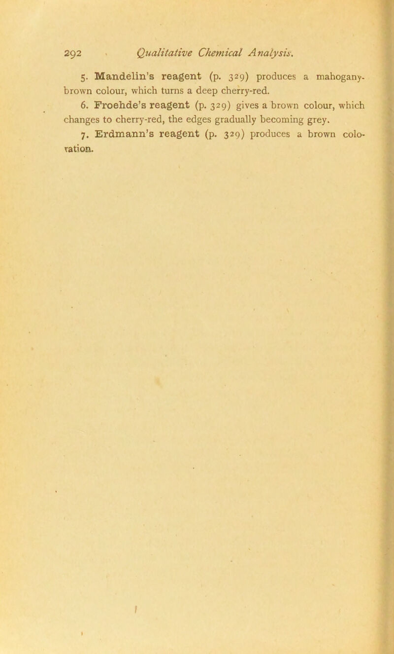 5. Mandelin’s reagent (p. 329) produces a mahogany- brown colour, which turns a deep cherry-red. 6. Froehde’s reagent (p. 329) gives a brown colour, which changes to cherry-red, the edges gradually becoming grey. 7. Erdmann’s reagent (p. 329) produces a brown colo- ration. I