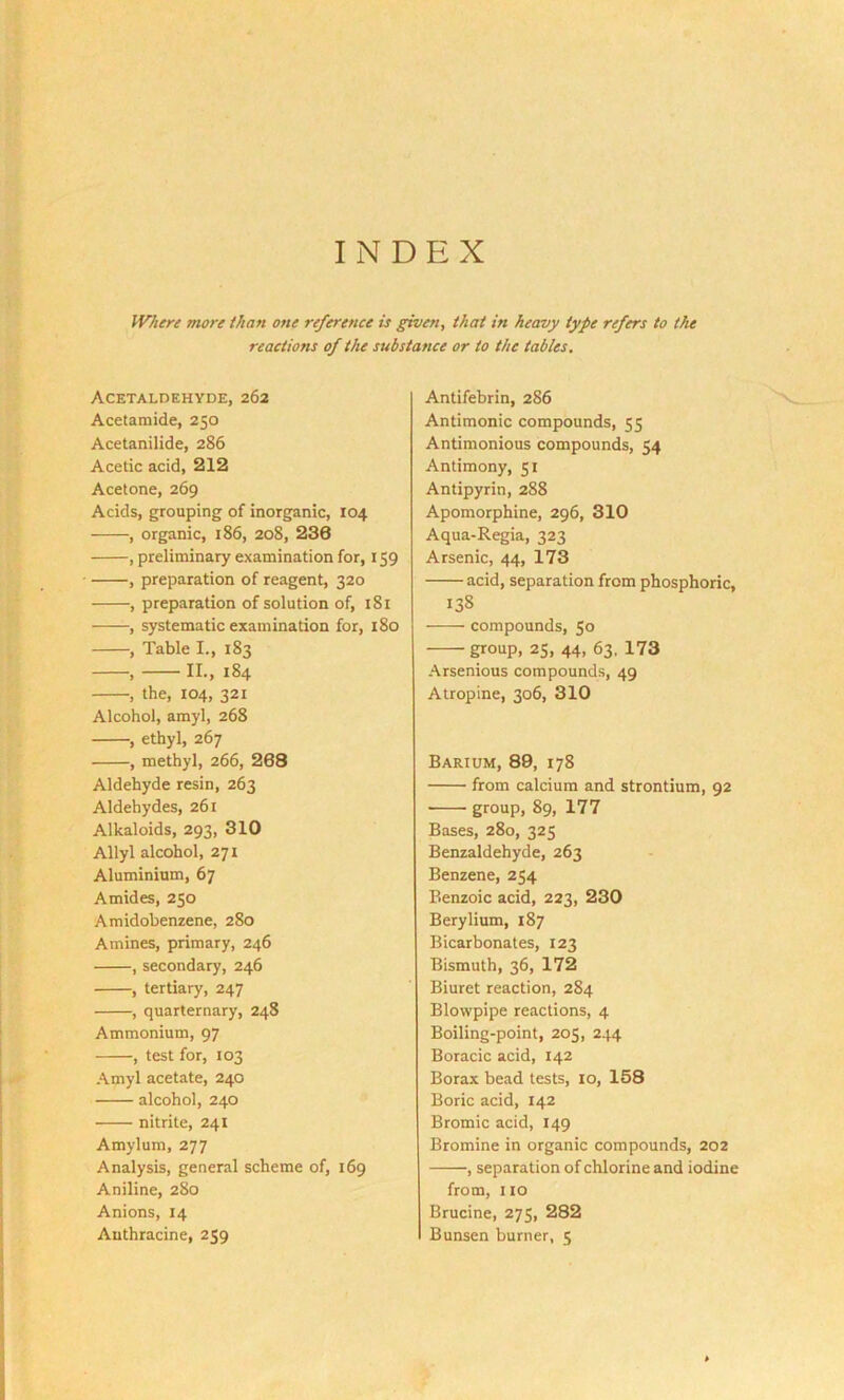 INDEX Where more than one reference is given, that in heavy type refers to the reactions of the substance or to the tables. Acetaldehyde,262 Acetamide, 250 Acetanilide, 286 Acetic acid, 212 Acetone, 269 Acids, grouping of inorganic, 104 , organic, 186, 208, 236 , preliminary examination for, 159 , preparation of reagent, 320 , preparation of solution of, 181 , systematic examination for, 180 , Table I., 183 II., i84 , the, 104, 321 Alcohol, amyl, 268 , ethyl, 267 , methyl, 266, 268 Aldehyde resin, 263 Aldehydes, 261 Alkaloids, 293, 310 Allyl alcohol, 271 Aluminium, 67 Amides, 250 Amidobenzene, 280 Amines, primary, 246 , secondary, 246 , tertiary, 247 , quarternary, 248 Ammonium, 97 , test for, 103 Amyl acetate, 240 alcohol, 240 nitrite, 241 Amylum, 277 Analysis, general scheme of, 169 Aniline, 280 Anions, 14 Authracine, 259 Antifebrin, 286 Antimonic compounds, 55 Antimonious compounds, 54 Antimony, 51 Antipyrin, 288 Apomorphine, 296, 310 Aqua-Regia, 323 Arsenic, 44, 173 acid, separation from phosphoric, 138 compounds, 50 group, 25, 44, 63, 173 Arsenious compounds, 49 Atropine, 306, 310 Barium, 89, 178 from calcium and strontium, 92 ■ group, 89, 177 Bases, 280, 325 Benzaldehyde, 263 Benzene, 254 Benzoic acid, 223, 230 Berylium, 187 Bicarbonates, 123 Bismuth, 36, 172 Biuret reaction, 284 Blowpipe reactions, 4 Boiling-point, 203, 244 Boracic acid, 142 Borax bead tests, 10, 158 Boric acid, 142 Bromic acid, 149 Bromine in organic compounds, 202 , separation of chlorine and iodine from, no Brucine, 275, 282 Bunsen burner, 5