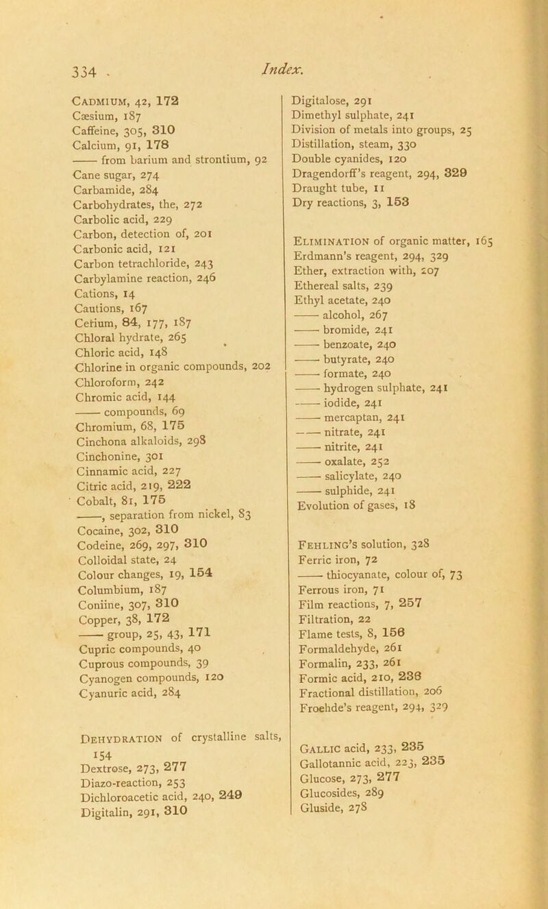 Cadmium, 42, 172 Caesium, 187 Caffeine, 305, 310 Calcium, 91, 178 from barium and strontium, 92 Cane sugar, 274 Carbamide, 284 Carbohydrates, the, 272 Carbolic acid, 229 Carbon, detection of, 201 Carbonic acid, 121 Carbon tetrachloride, 243 Carbylamine reaction, 246 Cations, 14 Cautions, 167 Cefium, 84, 177, 1S7 Chloral hydrate, 265 Chloric acid, 148 Chlorine in organic compounds, 202 Chloroform, 242 Chromic acid, 144 compounds, 69 Chromium, 68, 175 Cinchona alkaloids, 298 Cinchonine, 301 Cinnamic acid, 227 Citric acid, 219, 222 Cobalt, 81, 175 , separation from nickel, 83 Cocaine, 302, 310 Codeine, 269, 297, 310 Colloidal state, 24 Colour changes, 19, 154 Columbium, 187 Coniine, 307, 310 Copper, 38, 172 ■ group, 25, 43, 171 Cupric compounds, 40 Cuprous compounds, 39 Cyanogen compounds, 120 Cyanuric acid, 284 Dehydration of crystalline salts, 154 Dextrose, 273, 277 Diazo-reaction, 253 Dichloroacetic acid, 240, 249 Digitalin, 291, 310 Digitalose, 291 Dimethyl sulphate, 241 Division of metals into groups, 25 Distillation, steam, 330 Double cyanides, 120 Dragendorff’s reagent, 294, 329 Draught tube, II Dry reactions, 3, 153 Elimination of organic matter, 165 Erdmann’s reagent, 294, 329 Ether, extraction with, 207 Ethereal salts, 239 Ethyl acetate, 240 alcohol, 267 bromide, 241 benzoate, 240 butyrate, 240 formate, 240 hydrogen sulphate, 241 iodide, 241 mercaptan, 241 nitrate, 241 nitrite, 241 oxalate, 232 salicylate, 240 sulphide, 241 Evolution of gases, 18 Fehling’s solution, 328 Ferric iron, 72 thiocyanate, colour of, 73 Ferrous iron, 71 Film reactions, 7, 257 Filtration, 22 Flame tests, 8, 156 Formaldehyde, 261 Formalin, 233, 261 Formic acid, 210, 238 Fractional distillation, 206 Froehde’s reagent, 294, 329 Gallic acid, 233, 235 Gallotannic acid, 223, 235 Glucose, 273, 277 Glucosides, 289 Gluside, 27S