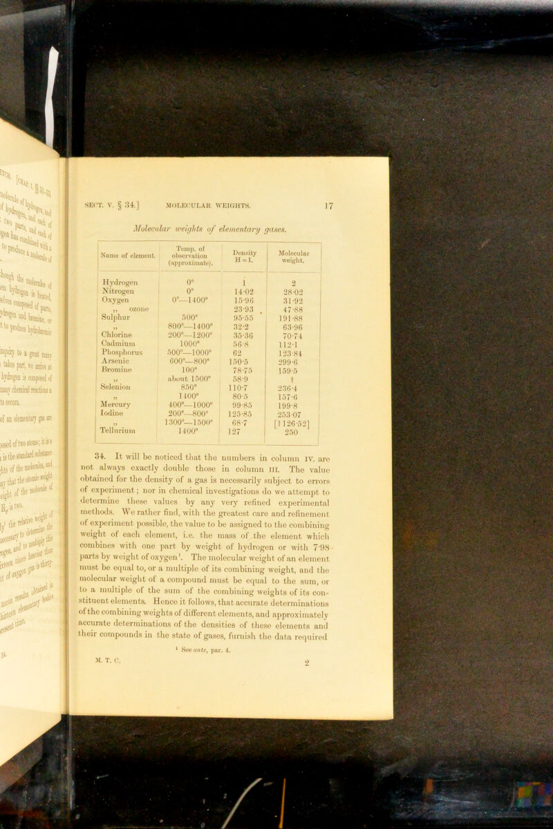 ® IS ''’'“Wrfpmi ”0 produce iiviirot toisic mquii}’ to a great maiiv ! takes part, we arrive at kdrogen is composed of Dany chemical reactions a ts occurs. of an elementary gas are )Osedoftwoatoin>;K'5“ I is the standard substance jttsofthemolecuk^^ that the atomic weight eight of the £istwo. jtofe=')'S^ SECT. V. § :U.] MOEECULAH WVEKiHTS. I7 Molecular ireights of elementary gases. 1 1 Name of element. i Temj}. of observation (approximate). Density H=l. Molecular- weight. Hydrogen 0 1 2 Nitrogen 0“ 14-02 28-02 , Oxygen 0—1400 15-9G 31-92 ,, ozone . Sulphur fiOO 23-93 . 95-55 47-88 191-88 i 800—1400 32-2 63-9G i Chlorine 200—1200 35-3G 70-74 Cadmium 1000 56-8 112-1 Pliosphoru.s O o r O o o G2 123-84 Arsenic GOO—800 150-5 299-G ! Bromine 100 78-75 159-5 ' yj about 1.500 .58-9 1 Seleniou 850 110-7 23G-4 1400 80-5 157-G Mercury 400“—1000 99-85 199-8 1 Iodine 200—800 125-85 253-07 yy 1300—1500 G8-7 [1 126-52] 250 Tellurium 1400 127 34*. It will be noticed that the uunibers in column iv. are not always exactly double those in column iii. The value obtained for the density of a gas is necessarily subject to errors of experiment; nor in chemical investigations do we attempt to determine these values by any very refined experimental methods. We rather find, with the greatest care and refinement of experiment possible, the value to he assigned to the combinino- weight ot each element, i.e. the mass of the element which combines with one part by weight of hydrogen or with 7'98 parts by weight of oxygen*. The molecular weight of an element must be equal to, or a multiple of its combining weight, and the molecular weight of a compound must be equal to the sum, or to a multiple of the sum of the combining weights of its con- stituent elements. Hence it follows, that accurate determinations of the combining weights of different elements, and approximately accurate determinations of the densities of these elements and theii compounds in the state of gase.s, furnish the data required * Heeante, par. 4.