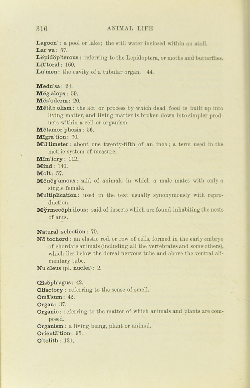 Lagoon : a pool or lake; the still water inclosed within an atoll. Lar va: 57. Lepidbp terous : referring to the Lepidoptera, or moths and butterflies. Littoral: ICO. Lu men: the cavity of a tubular organ. 44. Medusa: 24. Meg alops : 59. Mesoderm: 20. Metabolism: the act or process by which dead food is built up into living matter, and living matter is broken down into simpler prod- ucts within a cell or organism. Metamorphosis: 56. Migration: 70. Millimeter: about one twenty-fifth of an inch; a term used in the metric system of measure. Mimicry: 112. Mind: 140. Molt: 57. Monog amous: said of animals in which a male mates with only a single female. Multiplication: used in the text usually synonymously with repro- duction. Myrmecoph ilous: said of insects which are found inhabiting the nests of ants. Natural selection: 70. No tochord: an elastic rod, or row of cells, formed in the early embryo of chordate animals (including all the vertebrates and some others), which lies below the dorsal nervous tube and above the ventral ali- mentary tube. Nu'cleus (pi. nuclei): 2. (Usoph'agus: 42. Olfactory: referring to the sense of smell. Omasum: 42. Organ: 37. Organic: referring to the matter of which animals and plants are com- posed. Organism: a living being, plant or animal. Orientation: 95. O tolith: 121.