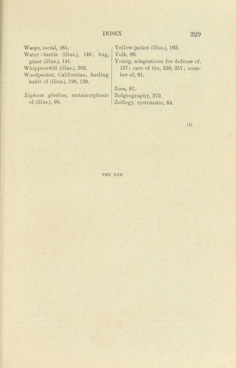 Wasps, social, 161. Water - beetle (illus.), 146; bug, giant (illus.), 141. Whippoorwill (illus.), 203. Woodpecker, Californian, feeding habit of (illus.), 128, 129. Xiphias gladius, metamorphosis of (illus.), 99. Yellow-jacket (illus.), 162. Yolk, 80. Young, adaptations for defense of, 137; care of the, 250, 257; num- ber of, 61. Zoea, 97. Zoogeography, 272. Zoology, systematic, 64. (l) THE END