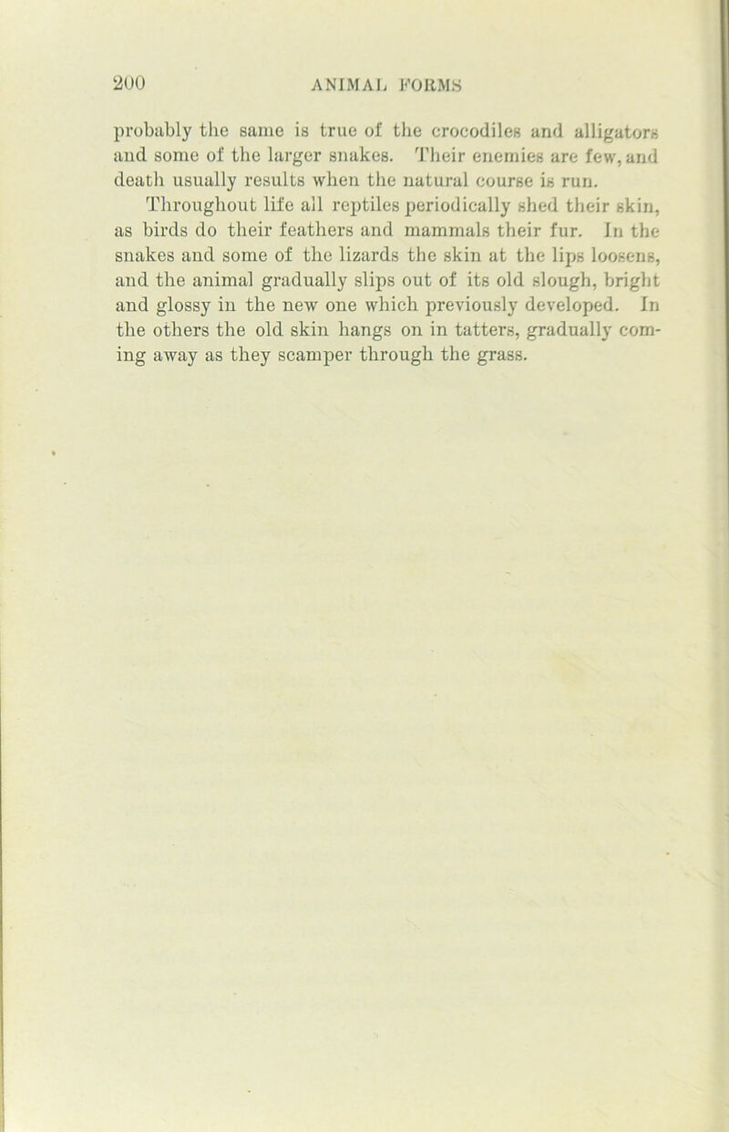 probably the same is true of the crocodiles and alligators and some of the larger snakes. Their enemies are few, and death usually results when the natural course is run. Throughout life all reptiles periodically shed their skin, as birds do their feathers and mammals their fur. In the snakes and some of the lizards the skin at the lips loosens, and the animal gradually slips out of its old slough, bright and glossy in the new one which previously developed. In the others the old skin hangs on in tatters, gradually com- ing away as they scamper through the grass.