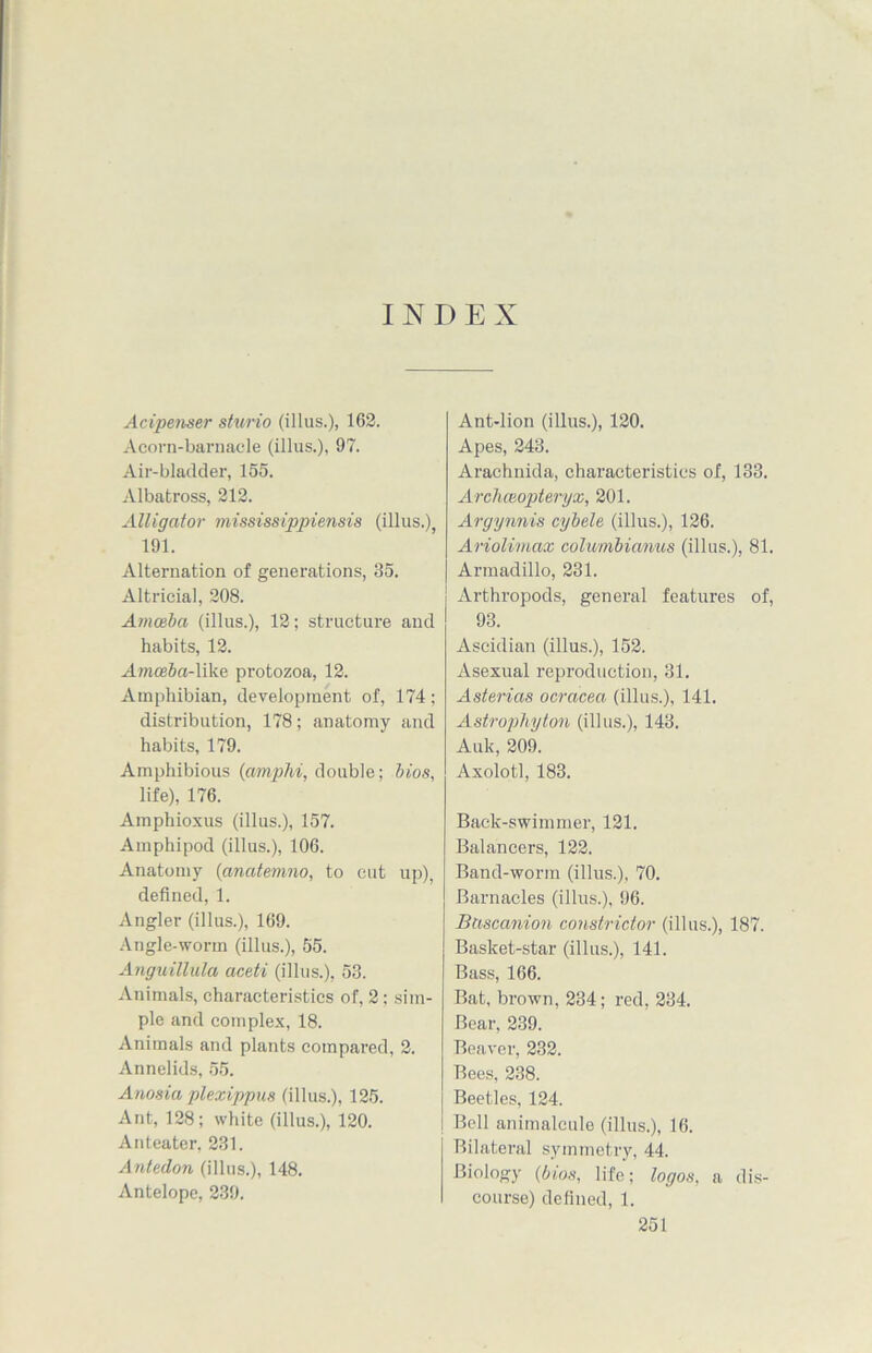 INDEX Acipenser stwrio (illus.), 162. Acorn-barnacle (illus.), 97. Air-bladder, 155. Albatross, 212. Alligator mississippiensis (illus.), 191. Alternation of generations, 35. Altricial, 208. Amoeba (illus.), 12; structure and habits, 12. Amoeba-like protozoa, 12. Amphibian, development of, 174; distribution, 178; anatomy and habits, 179. Amphibious (amphi, double; bios, life), 176. Amphioxus (illus.), 157. Amphi pod (illus.), 106. Anatomy (anatemno, to cut up), defined, 1. Angler (illus.), 109. Angle-worm (illus.), 55. Anguillula aceti (illus.), 53. Animals, characteristics of, 2; sim- ple and complex, 18. Animals and plants compared, 2. Annelids, 55. Aiiosia plexippus (illus.), 125. Ant, 128; white (illus.), 120. Anteater, 231. Antedon (illus.), 148. Antelope, 239. Ant-lion (illus.), 120. Apes, 243. Arachnida, characteristics of, 133. Archceopteryx, 201. Argynnis cybele (illus.), 126. Ariolimax columbianus (illus.), 81. Armadillo, 231. j Arthropods, general features of, 93. Ascidian (illus.), 152. Asexual reproduction, 31. Asterias ocracea (illus.), 141. Astrophyton (illus.), 143. Auk, 209. Axolotl, 183. Back-swimmer, 121. Balancers, 122. Band-worm (illus.), 70. Barnacles (illus.), 96. Bascanion constrictor (illus.), 187. Basket-star (illus.), 141. Bass, 166. Bat, brown, 234; red, 234. Bear, 239. Beaver, 232. Bees, 238. Beetles, 124. Bell animalcule (illus.), 16. Bilateral symmetry, 44. Biology (bios, life; logos, a dis- course) defined, 1.