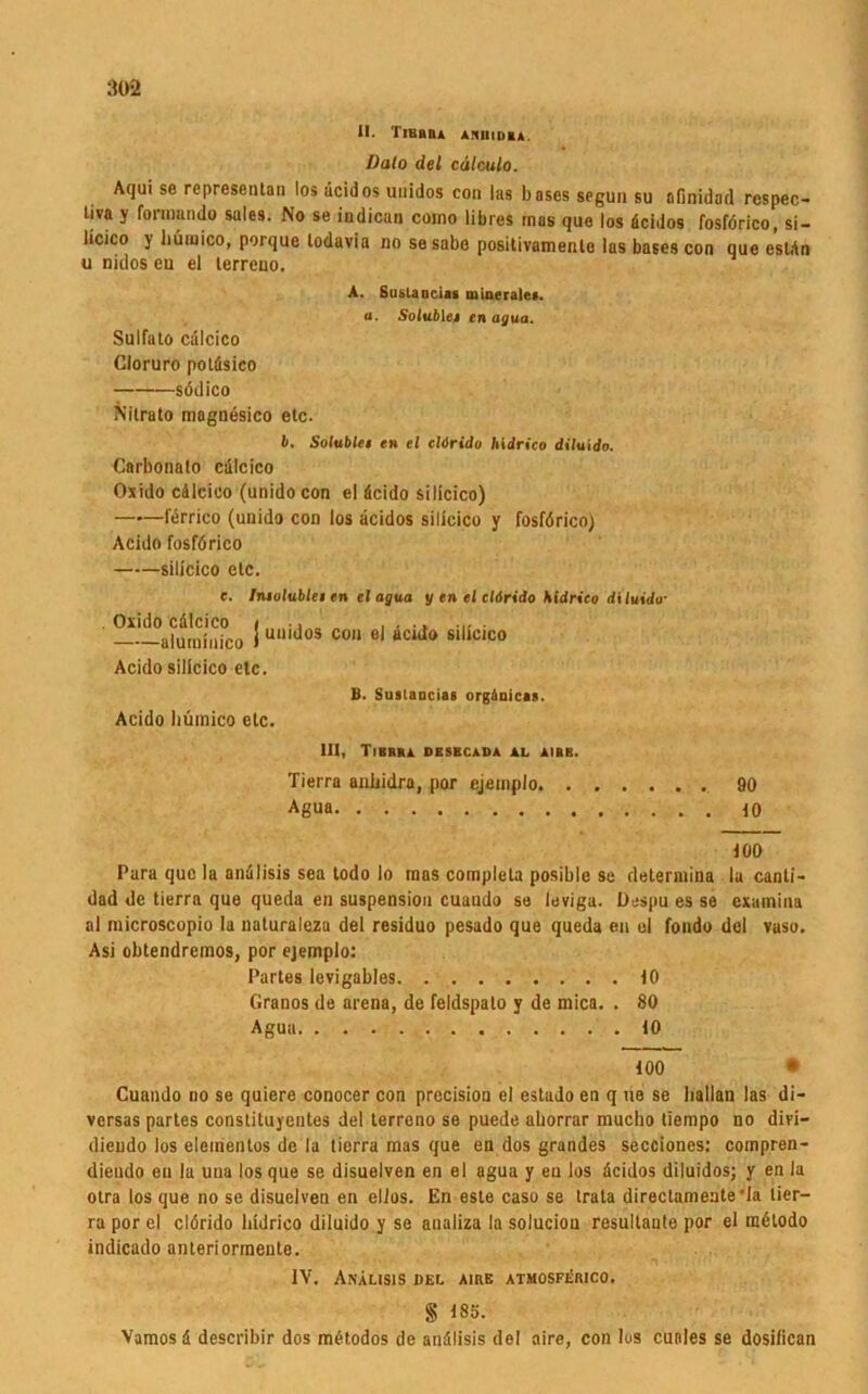 II. Tibbba anbidba. Dato del cdlculo. Aqui se representan los äcidos unidos con las bases segun su afinidod rcspec- liva y fonnando sales. No se indican coino libres mas que los äcidos fosförico, si- licico y liüiuico, porque lodavia no sesabe positivamente las bases con que estän u nidos eu el lerreao. A. Su&Lancias minerale». u, Solubies en agua. Sulfato calcico Cloruro poläsieo södico Nilrato mognesico etc. b. Sulublei e» el clörido hidrico diluido. Carbonalo cälcico Oxido cälcico (unido con el äcido silicico) lerrico (unido con los äcidos silicico y fosförico) Acido fosförico silicico etc. c. Imulublei en el agua y en el clörido hidrico diluido- —afuSco i uuid0S C(m el silicico Acido silicico etc. B. Sustancias orginicas. Acido bümico etc. III, Tibrra desbcada al airk. Tierra anijidra, por ejeinplo 90 Agua 100 Para que la anälisis sea todo Io tnas completa posible se determina lu canti- dad de tierra que queda eu Suspension cuaudo se leviga. Despu es se examina al microscopio la naturaleza del residuo pesado que queda en el fondo del vaso. Asi obtendremos, por ejemplo: Partes levigables 10 Granos de arena, de feidspato y de mica. . 80 Agua 10 100 • Cuaudo no se quiere conocer con prccision el estado en q ue se liallan las di- vcrsas partes constituyentes del terreno se puede ahorrar mucho tiempo no divi- dieudo los eleinenlos de la tierra mas que en dos grandes secciones: compren- dieudo en la una los que se disuelven en el agua y eu los äcidos diluidos; y en la otra los que no se disuelven en elios. En este caso se trata directameate'Ia lier— ra por el clörido hidrico diluido y se analiza la solucion resultaute por el raölodo indicado anterior mente. IV. Anälisis del aire atmosferico. § 185. Vamosä describir dos metodos de anälisis del aire, con los cuoles se dosifican