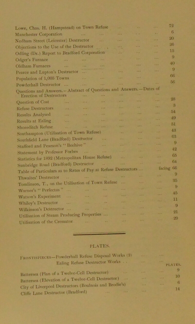 Lowe, Chas. H. (Hampstead) on Town Refuse Manchester Corporation Nedham Street (Leicester) Destructor Objections to the Use of the Destructor , Odling (Dr.) Report to Bradford Corporation Odger’s Furnace Oldham Furnaces Pearce and Lupton’s Destructor ... Population of 1,005 Towns Powderhall Destructor ... Questions and Answers.- Abstract of Questions and Answers.— Erection of Destructors Question of Cost Refuse Destructors Results Analysed Results at Ealing ••• •• . ••• Shoreditch Refuse Southampton (Utilisation of Town Refuse) Southfield Lane (Bradford) Destructor Stafford and Pearson’s ‘‘ Beehive ” Statement by Professor Forbes Statistics for 1892 (Metropolitan House Refuse) Sunbridge Road (Bradford) Destructor Table of Particulars as to Rates of Pay at Refuse Destructors ... Thwaites’Destructor Tomlinson, T., on the Utilisation of Town Refuse ... Warner’s “ Perfect us” ... Watson’s Experiment Whiley’s Destructor Wilkinson’s Destructor ... Utilisation of Steam Producing Properties ... Utilisation of the Cremator 72 6 20 20 15 9 40 9 66 50 Dates of 28 3 54 49 51 43 03 9 42 65 64 facing 00 9 35 9 45 11 9 21 29 PLATES. Frontispieces—Powderhall Refuse Disposal Works (2) Ealing Refuse Destructor Works • Battersea (Plan of a Twelve-Cell Destructor) Battersea (Elevation of a Twelve-Cell Destructor) City of Liverpool Destructors (Boulnois and Brodie’s) Clifle Lane Destructor (Bradford)
