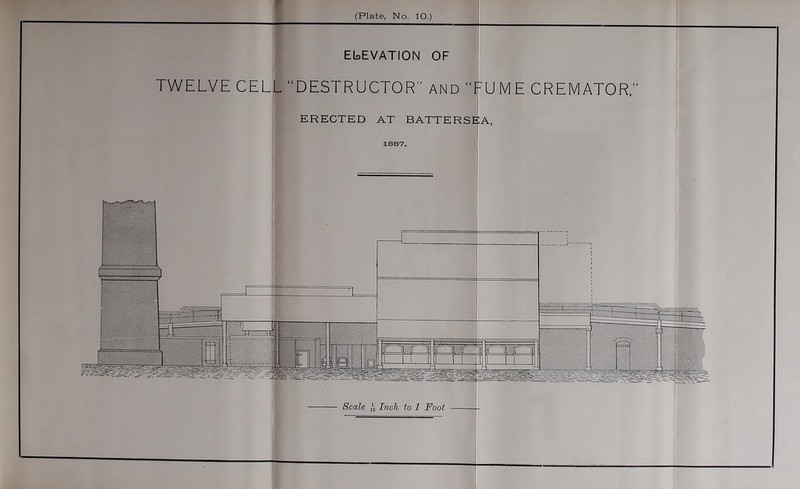 ELEVATION OF TWELVE CELL “DESTRUCTOR” and “FUME CREMATOR,’ ERECTED AT BATTERSEA, 1887.