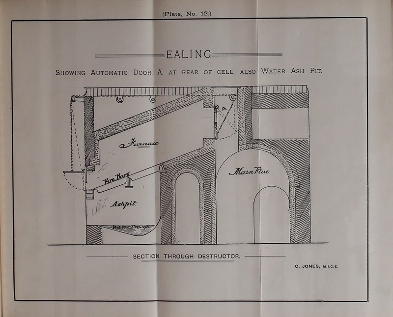 .EALING Showing Automatic Door, A. at rear of cell, also Water Ash Pit. SECTION THROUGH DESTRUCTOR. C. JONES, m.i.c.e.