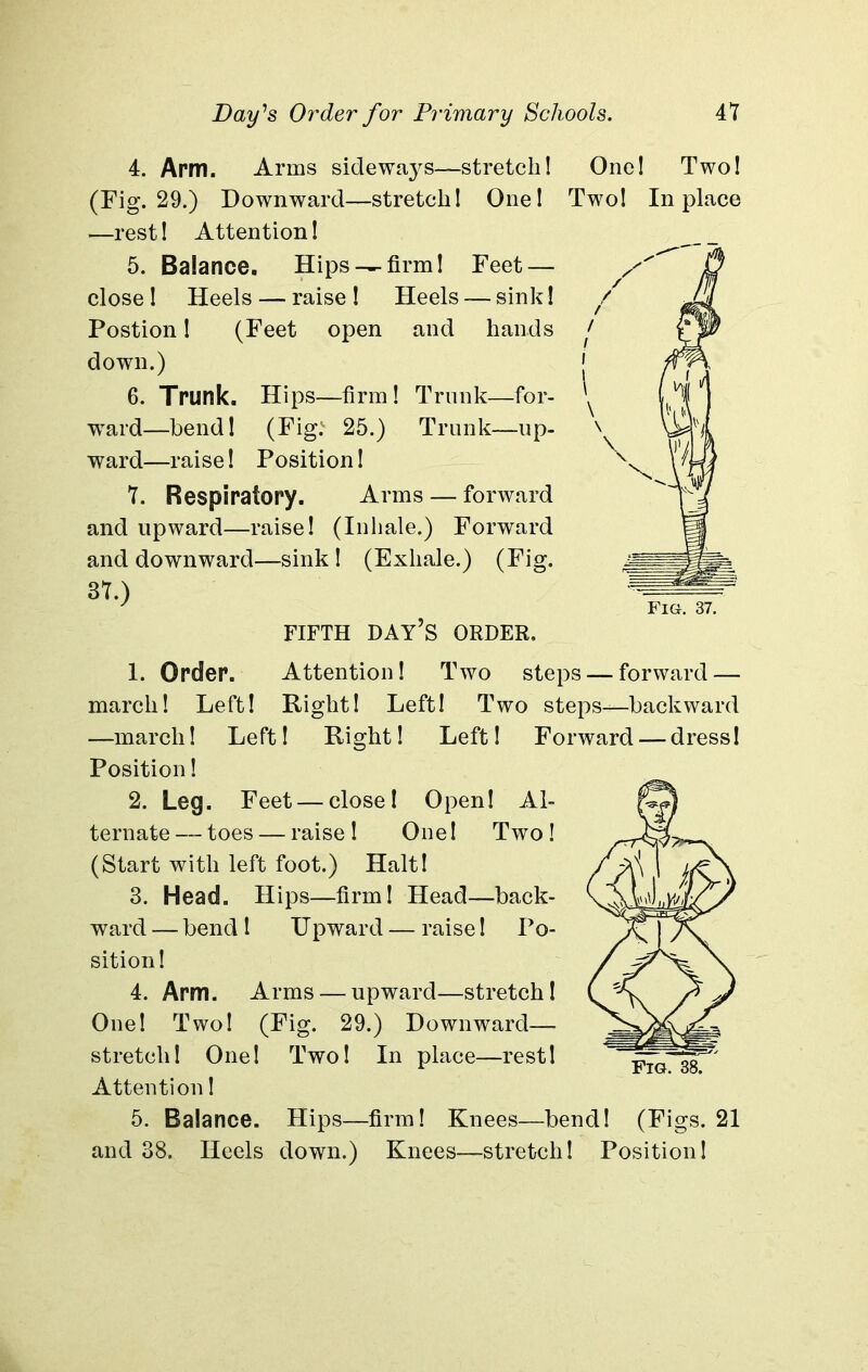 4. Arm. Arms sideways—stretch 1 (Fig. 29.) Downward—stretch 1 One! —rest! Attention! 5. Balance. Hips — firm! Feet — close! Heels — raise ! Heels — sink! Postion! (Feet open and hands down.) 6. Trunk. Hips—firm! Trunk—for- ward—bend! (Fig: 25.) Trunk—up- ward—raise! Position! 7. Respiratory. Arms — forward and upward—raise! (Inhale.) Forward and downward—sink ! (Exhale.) (Fig. 37.) FIFTH DAY’S ORDER. One! Two! Two! In place Fig. 37. 1. Order. Attention! Two steps — forward — march! Left! Right! Left! Two steps—backward —march! Left! Right! Left! Forward — dress! Position! 2. Leg. Feet — close! Open! Al- ternate — toes — raise! One! Two! (Start with left foot.) Halt! 3. Head. Hips—firm! Head—back- ward — bend I Upward — raise! Po- sition! 4. Arm. Arms — upward—stretch! One! Two! (Fig. 29.) Downward— stretch! One! Two! In place—rest! Attention! 5. Balance. Hips—firm! Knees—bend! (Figs. 21 and 38. Heels down.) Knees—stretch! Position!