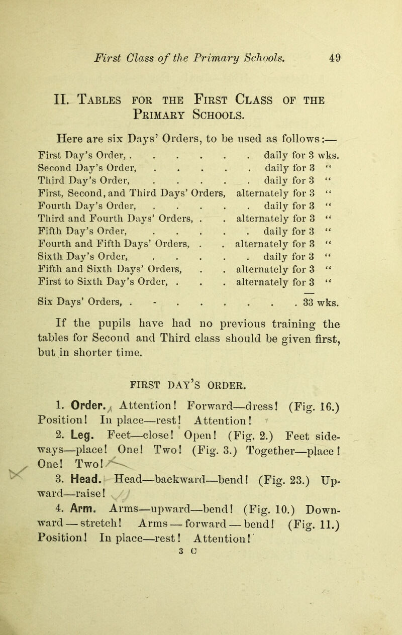 II. Tables for the First Class of the Primary Schools. Here are six Days’ Orders, to be used as follows:— First Day’s Order, . Second Day’s Order, Third Day’s Order, First, Second, and Third Days’ O Fourth Day’s Order, Third and Fourth Days’ Orders Fifth Day’s Order, Fourth and Fifth Days’ Orders, Sixth Day’s Order, Fifth and Sixth Days’ Orders, First to Sixth Day’s Order, . ders daily for 3 wks. . daily for 3 “ daily for 3 “ alternately for 3 “ daily for 3 “ alternately for 3 “ daily for 3 “ alternately for 3 “ daily for 3 “ alternately for 3 “ alternately for 3 “ Six Days’ Orders, . . 33 wks. If the pupils have had no previous training the tables for Second and Third class should be given first, but in shorter time. FIRST DAY’S ORDER. 1. Order.^ Attention! Forward—dress! (Fig. 16.) Position! In place—rest! Attention! 2. Leg. Feet—close! Open! (Fig. 2.) Feet side- ways—place! One! Two! (Fig. 3.) Together—place! One! TwolAv 3. Head. Head—backward—bend! (Fig. 23.) Up- ward—raise! 4. Arm, Arms—upward—bend! (Fig. 10.) Down- ward— stretch! Arms — forward — bend! (Fig. 11.) Position! In place—rest! Attention!' 3 c