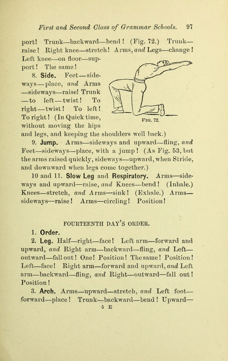 port! Trank—backward—bend ! (Fig. 72.) Trunk— raise ! Right knee—stretch! Arms, and Legs—change 1 Left knee—on floor—sup- port ! The same! 8. Side. Feet — side- ways— place, and Arms —sideways—raise! Trunk —to left — twist! To right—twist! To left! To right! (In Quick time, without moving the hips and legs, and keeping the shoulders well back.) 9. Jump. Arms—sideways and upward—fling, and Feet—sideways—place, with a jump ! (As Fig. 53, but the arms raised quickly, sideways—upward, when Stride, and downward when legs come together.) 10 and 11. Slow Leg and Respiratory. Arms—side- ways and upward—raise, and Knees—bend ! (Inhale.) Knees—stretch, and Arms—sink! (Exhale.) Arms— sideways—raise! Arms—circling! Position! FOURTEENTH DAY’S ORDER. 1. Order. 2. Leg. Half—right—face! Left arm—forward and upward, and Right arm—backward—fling, and Left— outward—fallout! One! Position! The same! Position! Left—face! Right arm—forward and upward,and Left arm—backward—fling, and Right—outward—fall out! Position! 3. Arch. Arms—upward—stretch, and Left foot— forward—place! Trunk—backward—bend! Upward— 5 E