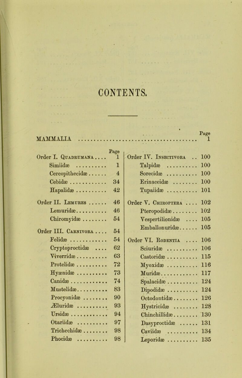 CONTENTS. Page MAMMALIA 1 Page Order I. Quadrumana .... 1 Simiidae 1 Cercopithecidae 4 Cebidae 34 Hapalidae 42 Order II. Lemures 46 Lemuridae 46 Chiromyidae 54 Order III. Carnivora .... 54 Felidae 54 Cryptoproctidae .... 62 Yiverridae 63 Protelidae 72 Hyaenidae 73 Canidae 74 Mustelidae 83 Procyonidae 90 ^Eluridae 93 Ursidae 94 Otariidae .. 97 Trichechidae 98 Phocidae 98 Order IY. Insectivora .. 100 Talpidae 100 Sorecidae 100 Erinaceidae 100 Tupaiidas 101 Order Y. Chiroptera .... 102 Pteropodidae 102 Yespertilionidae .... 105 Emballonuridae 105 Order Yl. Bodentia .... 106 Sciuridae 106 Castoridae 115 Myoxidae 116 Muridae 117 Spalacidae 124 Dipodidae 124 Octodontidae 126 Hystricidae 128 Chincbillidae 130 Dasyproctidae 131 Caviidae 134 Leporidae 135