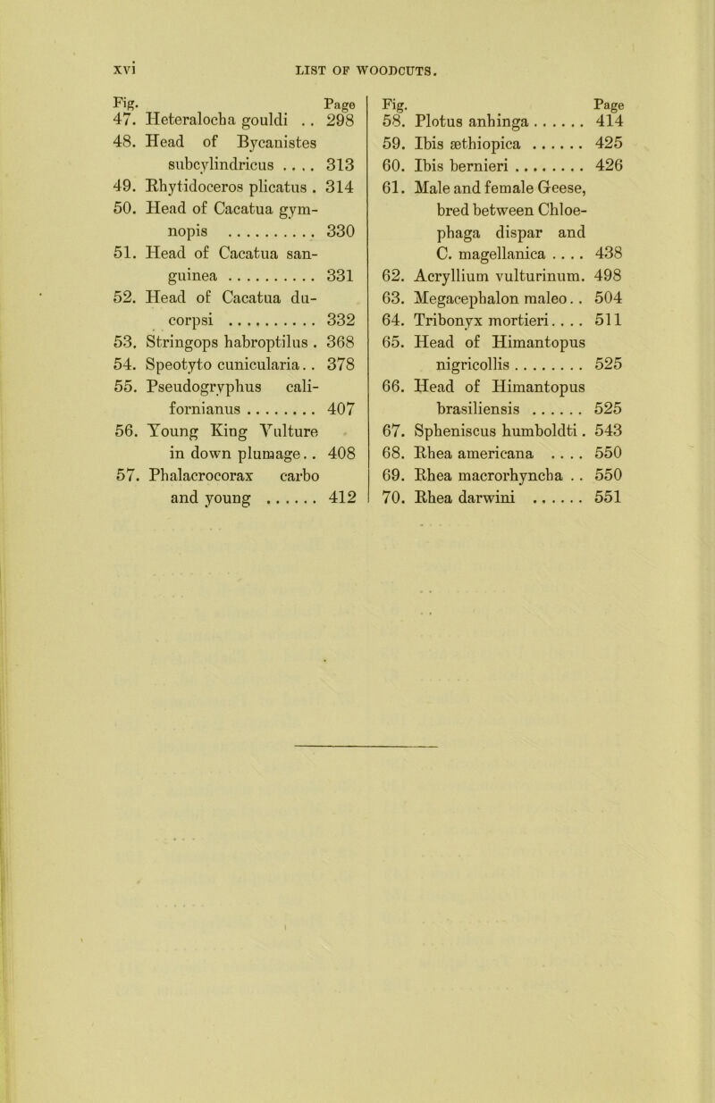 Fig. . Page 47. Ileteralocba gouldi .. 298 48. Head of Bycanistes subcylindricus .... 313 49. Rhytidoceros plicatus . 314 50. Head of Cacatua gym- nopis 330 51. Head of Cacatua san- guinea 331 52. Head of Cacatua du- corpsi 332 53. Stringops habroptilus . 368 54. Speotyto cunicularia.. 378 55. Pseudogrvphus cali- fornianus 407 56. Young King Vulture in down plumage.. 408 57. Phalacroeorax carbo and young 412 Fig. f Page 58. Plotus anhinga 414 59. Ibis sethiopica 425 60. Ibis bernieri 426 61. Male and female Geese, bred between Chloe- pbaga dispar and C. magellanica .... 438 62. Aery Ilium vulturinum. 498 63. Megacepbalon maleo.. 504 64. Tribonyx mortieri. ... 511 65. Head of Himantopus nigricollis 525 66. Head of Himantopus brasiliensis 525 67. Spheniscus humboldti. 543 68. Rhea americana .... 550 69. Rhea macrorhyncha . . 550 70. Rhea darwini 551