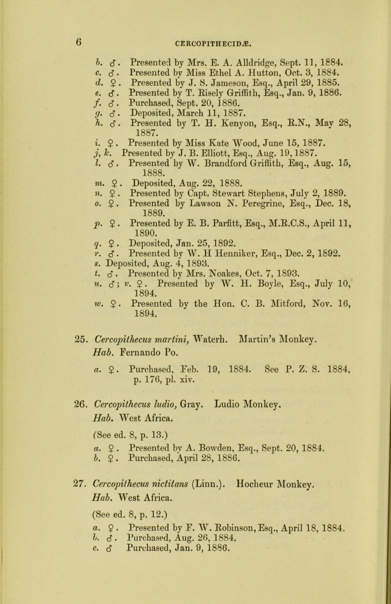 b. B. Presented by Mrs. E. A. Alldridge, Sept. 11, 1884. c. $. Presented by Miss Ethel A. Plutton, Oct. 3, 1884. d. 5 • Presented by J. S. Jameson, Esq., April 29, 1885. e. <3. Presented by T. Risely Griffith, Esq., Jan. 9, 1886. /. B • Purchased, Sept. 20, 1886. g. B • Deposited, March 11, 1887. h. B. Presented by T. H. Kenyon, Esq., K.N., Mav 28, 1887. i. 2 • Presented by Miss Kate Wood, June 15, 1887. j. lc. Presented by J. B. Elliott, Esq., Aug. 19,1887. l. B . Presented by W. Brandforcl Griffith, Esq., Aug. 15, 1888. m. 2 • Deposited, Aug. 22, 1888. n. 2 • Presented by Capt. Stewart Stephens, July 2, 1889. o. $. Presented by Lawson N. Peregrine, Esq., Dec. 18, 1889. jo. 2 • Presented by E. B. Parfitt, Esq., M.B.C.S., April 11, 1890. q. $ . Deposited, Jan. 25, 1892. r. S • Presented by W. H Henniker, Esq., Dec. 2, 1892. s. Deposited, Aug. 4, 1893. t. <5 . Presented by Mrs. Noakes, Oct. 7, 1893. u. 3 \ v. 2 • Presented by W. H. Boyle, Esq., July 10, 1894. w. 2 • Presented by the Hon. C. B. Mitford, Hoy. 16, 1894. 25. Cercopithecus martini, Waterh. Martin's Monkey. Hab. Fernando Po. a. $. Purchased, Eeb. 19, 1884. See P. Z. S. 1884, p. 176, pi. xiv. 26. Cercopithecus ludio, Gray. Ludio Monkey. Hab. West Africa. (See ed. 8, p. 13.) a. $ . Presented by A. Bowden, Esq., Sept. 20, 1884. b. $ . Purchased, April 28, 1886. 27. Cercopithecus nictitans (Linn.). Hocheur Monkey. Hab. West Africa. (See ed. 8, p. 12.) a. 2 • Presented by E. W. Robinson, Esq., April 18, 1884. b. B . Purchased, Aug. 26, 1884. c. (3 Purchased, Jan. 9, 1886.