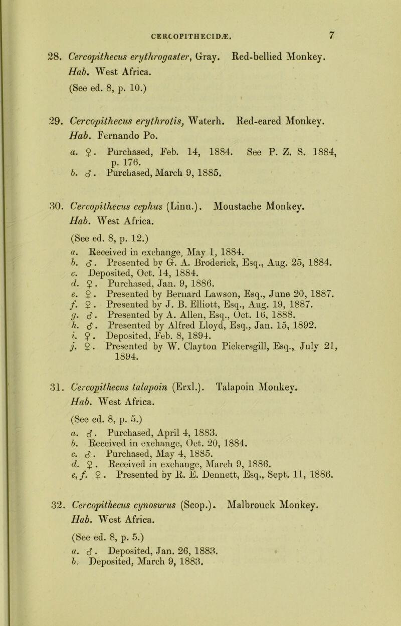 28. Cercopithecus erythrogaster, Gray. Red-bellied Monkey. Hab. West Africa. (See ed. 8, p. 10.) 29. Cercopithecus erythrotis, Waterh. Red-eared Monkey. Hab. Fernando Po. a. 2 • Purchased, Feb. 14, 1884. See P. Z. S. 1884, p. 176. b. <$ . Purchased, March 9, 1885. 30. Cercopithecus cephus (Linn.). Moustache Monkey. Hab. West Africa. (See ed. 8, p. 12.) a. Received in exchange. May 1, 1884. b. $. Presented by G. A. Broderick, Esq., Aug. 25, 1884. c. Deposited, Oct. 14, 1884. cl. 2 • Purchased, Jan. 9, 1886. e. $ . Presented by Bernard Lawson, Esq., June 20, 1887. /. 2 • Presented by J. B. Elliott, Esq., Aug. 19, 1887. g. d. Presented by A. Allen, Esq., Oct. 16, 1888. h. (S. Presented by Alfred Lloyd, Esq., Jan. 15, 1892. i. ^ • Deposited, Feb. 8, 1894. j. 5 • Presented by W. Clayton Pickersgill, Esq., July 21, 1894. 31. Cercopithecus talapoin (Erxl.). Talapoin Monkey. Hab. West Africa. (See ed. 8, p. 5.) а. $. Purchased, April 4, 1883. б. Received in exchange, Oct. 20, 1884. c. <J • Purchased, May 4, 1885. d. $ . Received in exchange, March 9, 1886. e. f. 2 • Presented by R. E. Dennett, Esq., Sept. 11, 1886. 32. Cercopithecus cynosurus (Scop.). Malbrouck Monkey. Hab. West Africa. (See ed. 8, p. 5.) a. cJ . Deposited, Jan. 26, 1883. b, Deposited, March 9, 1883.