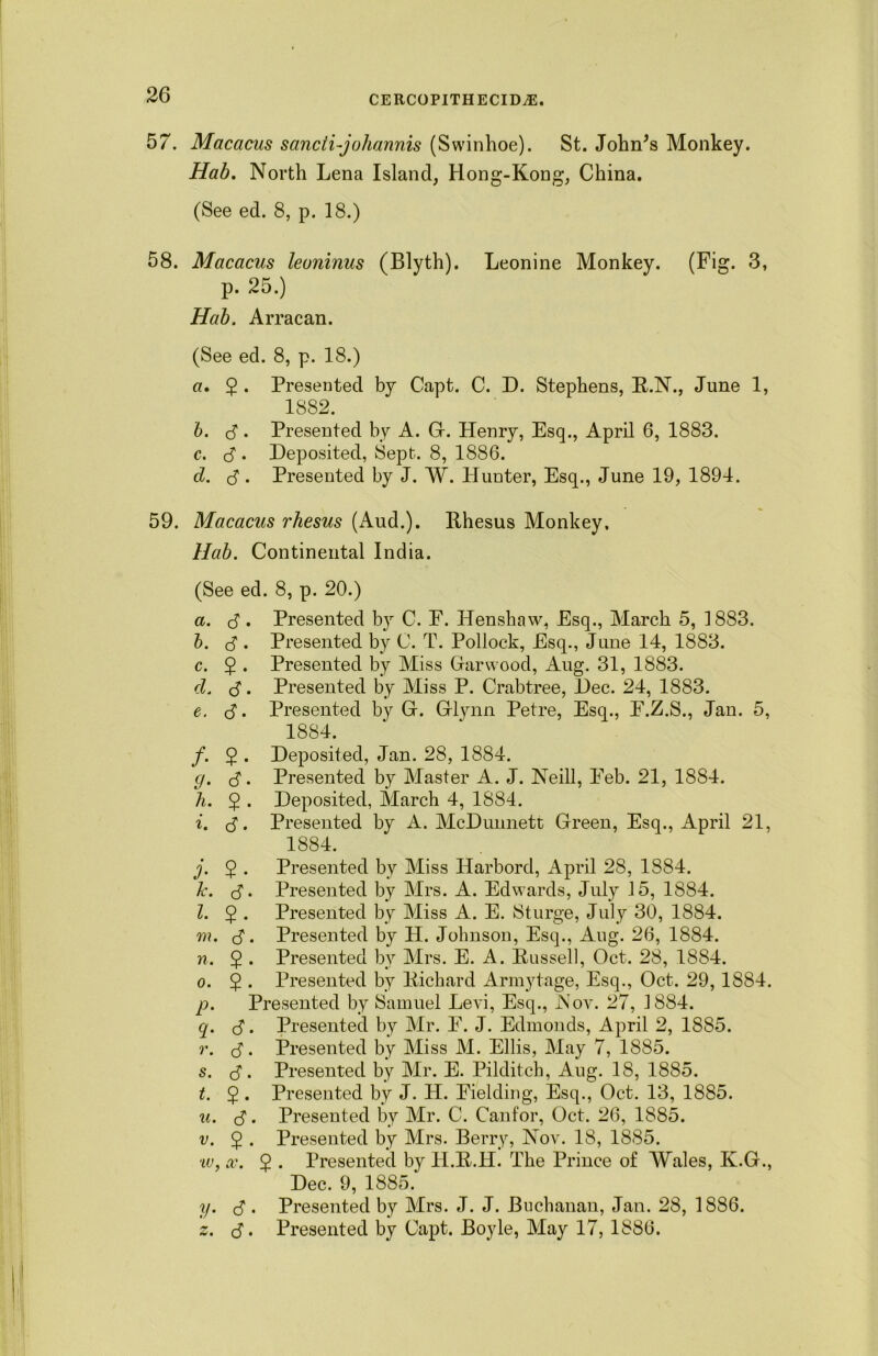 57. Macacus sancti-johannis (Swinhoe). St. John’s Monkey. Hab. North Lena Island, Hong-Kong, China. (See ed. 8, p. 18.) 58. Macacus leoninus (Blyth). Leonine Monkey. (Fig. 3, p. 25.) Hab. Arracan. (See ed. 8, p. 18.) a. 2 • Presented by Capt. C. D. Stephens, R.N., June 1, 1882. b. d. Presented by A. G-. Henry, Esq., April 6, 1883. c. d . Deposited, Sept. 8, 1886. d. d. Presented by J. W. Hunter, Esq., June 19, 1894. 59. Macacus rhesus (Aud.). Rhesus Monkey. Hab. Continental India. (See ed. 8, p. 20.) a. $ • Presented by C. E. Henshaw, Esq., March 5, 1883. b. d . Presented by C. T. Pollock, Esq., June 14, 1883. c. 2 • Presented by Miss Garwood, Aug. 31, 1883. d. <$. Presented by Miss P. Crabtree, Dec. 24, 1883. e. d. Presented by G. Glynn Petre, Esq., E.Z.S., Jan. 5, 1884. /. $ . Deposited, Jan. 28, 1884. g. $. Presented by Master A. J. Neill, Eeb. 21, 1884. h. § . Deposited, March 4, 1884. i. rf. Presented by A. McDunnett Green, Esq., April 21, 1884. j. $ . Presented by Miss Harbord, April 28, 1S84. k. d. Presented by Mrs. A. Edwards, July 15, 1884. l. 2 • Presented by Miss A. E. Sturge, July 30, 1884. m. d • Presented by H. Johnson, Esq., Aug. 26, 1884. n. $ . Presented by Mrs. E. A. Russell, Oct. 28, 1884. o. 2 • Presented by Richard Armytage, Esq., Oct. 29, 1884. p. Presented by Samuel Levi, Esq., Nov. 27, 1884. q. d • Presented by Mr. E. J. Edmonds, April 2, 1885. r. d • Presented by Miss M. Ellis, May 7, 1885. s. d • Presented by Mr. E. Pilditch, Aug. 18, 1885. t. 5. Presented by J. LI. Eiekling, Esq., Oct. 13, 1885. u. d • Presented by Mr. C. Cantor, Oct. 26, 1885. v. 2 • Presented by Mrs. Berry, Nov. 18, 1885. •iv, x. 2 - Presented by H.R.H. The Prince of Wales, K.G., Dec. 9, 1885.* y. d • Presented by Mrs. J. J. Buchanan, Jan. 28, 1886. z. d • Presented by Capt. Boyle, May 17, 1886.