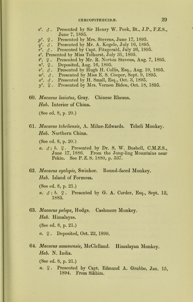 o‘. d. Presented by Sir Henry W. Peek, Bt., J.P., P.Z.S., June 7, 1895. jA 5 • Presented by Mrs. Stevens, June 17, 1895. qi. d . Presented by Mr. A. Ivegele, July 16, 1895. r4. cl- Presented by Capt. Fitzgerald, July 26, 1895. s4. Presented by Miss Tolhurst, July 31, 1895. t4. $ . Presented by Mr. R. Norton Stevens, Aug. 7, 1895. w4. $ . Deposited, Aug. 16, 1895. v4. <5. Presented by Hugh H. Collis, Esq., Aug. 19, 1895. ivx. cl • Presented by Miss E. S. Cooper, Sept. 9, 1895. a;4, d • Presented by H. Small, Esq., Oct. 3, 1895. yi. 2 • Presented by Mrs. Vernon Biden, Oct. 18, 1895. 60. Macacus lasiotus, Gray. Chinese Rhesus. Hab. Interior of China. (See ed. 8, p. 20.) 61. Macacus tcheliensis, A. Milne-Edwards. Tcheli Monkey. Hab. Northern China. (See ed. 8, p. 20.) a. <S; b. 2 • Presented by Dr. S. W. Bushell, C.M.Z.S., June 17, 1886. From the Jung-ling Mountains near Pekin. See P. Z. S. 1880, p. 537. 62. Macacus cyclopis, Swinhoe. Round-faced Monkey. Hab. Island of Formosa. (See ed. 8, p. 21.) a. d ; b. 2 . Presented by G. A. Corder, Esq., SeDt. 12, 1883. 63. Macacuspelops, Hodgs. Cashmere Monkey. Hab. Himalayas. (See ed. 8, p. 21.) a. $ . Deposited, Oct. 22, 1890. 64. Macacus assamensis, McClelland. Himalayan Monkey. Hab. N. India. (See ed. 8, p. 21.) a. 2 • Presented by Capt. Edmund A. Grubbe, Jan. 15, 1894. From Sikhim.