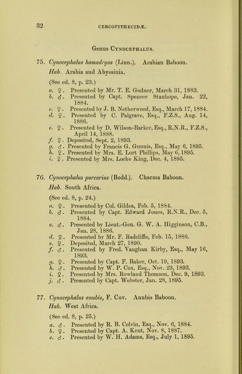 Genus Cynocephalus. 75. Cynocephalus hamadryas (Linn.). Arabian Baboon. Hab. Arabia and Abyssinia. (See ed. 8, p. 23.) a. 2 • Presented by Mr. T. E. Godner, March 31, 1883. b. <J. Presented by Capt. Spencer Stanhope, Jan. 22, 1884. c. 2 • Presented by J. B. Netherwood, Esq., March 17, 1884. d. 2 • Presented by C. Palgrave, Esq., E.Z.S., Aug. 14, 1886. e. 9 . Presented by D. Wilson-Barker, Esq., R.N.R., E.Z.S., April 14, 1888. /. $ . Deposited, Sept. 2, 1893. g. d • Presented by Francis G. Gunnis, Esq., May 6, 1895. h. $ . Presented by Mrs. E. Lort Phillips, May 6,1895. i. 5 . Presented by Mrs. Locke King, Dec. 4, 1895. 76. Cynocephalus porcarius (Bodd.). Chacma Baboon. Hab. South Africa. (See ed. 8, p. 24.) a. 2 • Presented by Col. Gildea, Feb. 5, 1884. b. d • Presented by Capt. Edward Jones, R.N.R., Dec. 5, 1884. c. d • Presented by Lieut.-Gen. G. W. A. Higginson, C.B., Jan. 28, 1886. d. 2. Presented by Mr. F. Radcliife, Feb. 15, 1886. e. 2 • Deposited, March 27, 1890. /. d • Presented by Fred. Vaughan Kirby, Esq., Mav 16, 1893. g. 5 . Presented by Capt. F. Baker, Oct. 19, 1893. h. d • Presented by W. P. Cox, Esq., Nov. 23, 1893. i. 5 • Presented by Mrs. Rowland Thomson, Dec. 9, 1893. j. d • Presented by Capt. Webster, Jan. 28, 1895. 77. Cynocephalus anubis, F. Cuv. Anubis Baboon. Hab. West Africa. (See ed. 8, p. 25.) a. d • Presented by R. B. Colvin, Esq., Nov. 6, 1884. b. $ . Presented by Capt. A. Kent, Nov. 8, 1887. c. d • Presented by W. H. Adams, Esq., July 1, 1895.