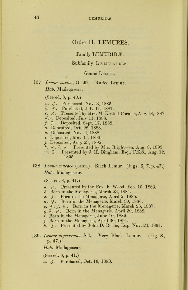 LE.MURlD.fli. Order II. LEMURES. Family LEMURIDvE. Subfamily Lemurin^e. Genus Lemur. 137. Lemur varius, Geoffr. Ruffed Lemur. Hab. Madagascar. (See ed. 8, p. 40.) a. $ . Purchased, Nov. 3, 1885. h. S • Purchased, July 11, 1887. e. $ . Presented by Mrs. M. Kestell-Comish, Aug. 18,1887. d, e. Deposited, July 11, 1888. /. 9 • Deposited, Sept. 17, 1888. g. Deposited, Oct. 22, 1888. h. Deposited, Nov. 2, 1888. i. Deposited, May 14, 1890. j. Deposited, Aug. 23, 1892. lc. ,5 ; l. 9 • Presented by Mrs. Brightwen, Aug. 8, 1893. m. 9 • Presented by J. H. Bingham, Esq., F.Z.S., Aug. 12, 1895. 138. Lemur macaco (Linn.). Black Lemur. (Figs. 6_, 7, p. 47.) Hab. Madagascar. (See ed. 8, p. 41.) a. rf. Presented by the Rev. F. Wood, Feb. 10, 1883. b. Born in the Menagerie, March 23, 1884. c. 31. Born in the Menagerie, April 2, 1885. d. 9 • Born in the Menagerie, March 30, 1886. e. $ ; f. 9 • Born in the Menagerie, March 26, 1887. g, h. $. Born in the Menagerie, April 30, 1888. i. Born in the Menagerie, June 10, 1889. j. Born in the Menagerie, April 30, 1891. Jc. $. Presented by John D. Roche, Esq., Nov. 24, 1894. 139. Lemur nig err imus, Scl. Very Black Lemur. (Fig. 8, p. 47.) Hab. Madagascar. (See ed. 8, p. 41.)