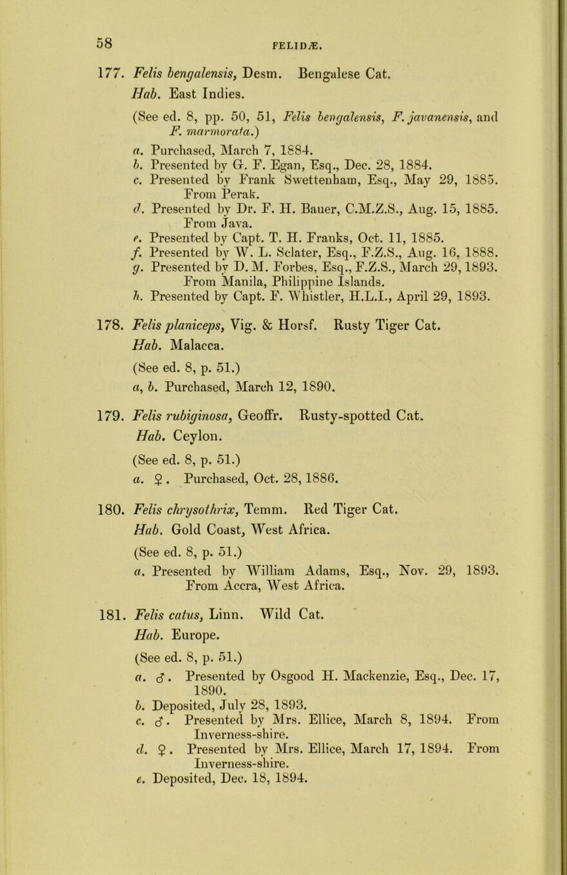 177. Felis bengalensis, Desm. Bengalese Cat. Hab. East Indies. (See ed. 8, pp. 50, 51, Felis bengalensis, F. javanensis, and F. marmorata.) a. Purchased, March 7, 1884. b. Presented by G-. E. Egan, Esq., Dec. 28, 1884. c. Presented by Frank Swettenham, Esq., May 29, 1885. From Perak. d. Presented by Dr. E. H. Bauer, C.M.Z.S., Aug. 15, 1885. From java. e. Presented by Capt. T. H. Franks, Oct. 11, 1885. /. Presented by W. L. Sclater, Esq., F.Z.S., Aug. 16, 1888. g. Presented by D. M. Forbes, Esq., F.Z.S., March 29,1893. From Manila, Philippine Islands. h. Presented by Capt. F. Whistler, H.L.I., April 29, 1893. 178. Felis planiceps, Vig. & Horsf. Rusty Tiger Cat. Hab. Malacca. (See ed. 8, p. 51.) a, b. Purchased, March 12, 1890. 179. Felis rubiginosa, Geoffr. Rusty-spotted Cat. Hab. Ceylon. (See ed. 8, p. 51.) a. 5 . Purchased, Oct. 28,1886. 180. Felis chrysothrix, Temm. Red Tiger Cat. Hab. Gold Coast, West Africa. (See ed. 8, p. 51.) a. Presented by William Adams, Esq., Nov. 29, 1893. From Accra, West Africa. 181. Felis catus, Linn. Wild Cat. Hab. Europe. (See ed. 8, p. 51.) a. $. Presented by Osgood H. Mackenzie, Esq., Dec. 17, 1890. b. Deposited, July 28, 1893. c. $. Presented by Mrs. Ellice, March 8, 1894. From Inverness-shire. d. 5. Presented by Mrs. Ellice, March 17,1894. From Inverness-shire. e. Deposited, Dec. 18, 1894.