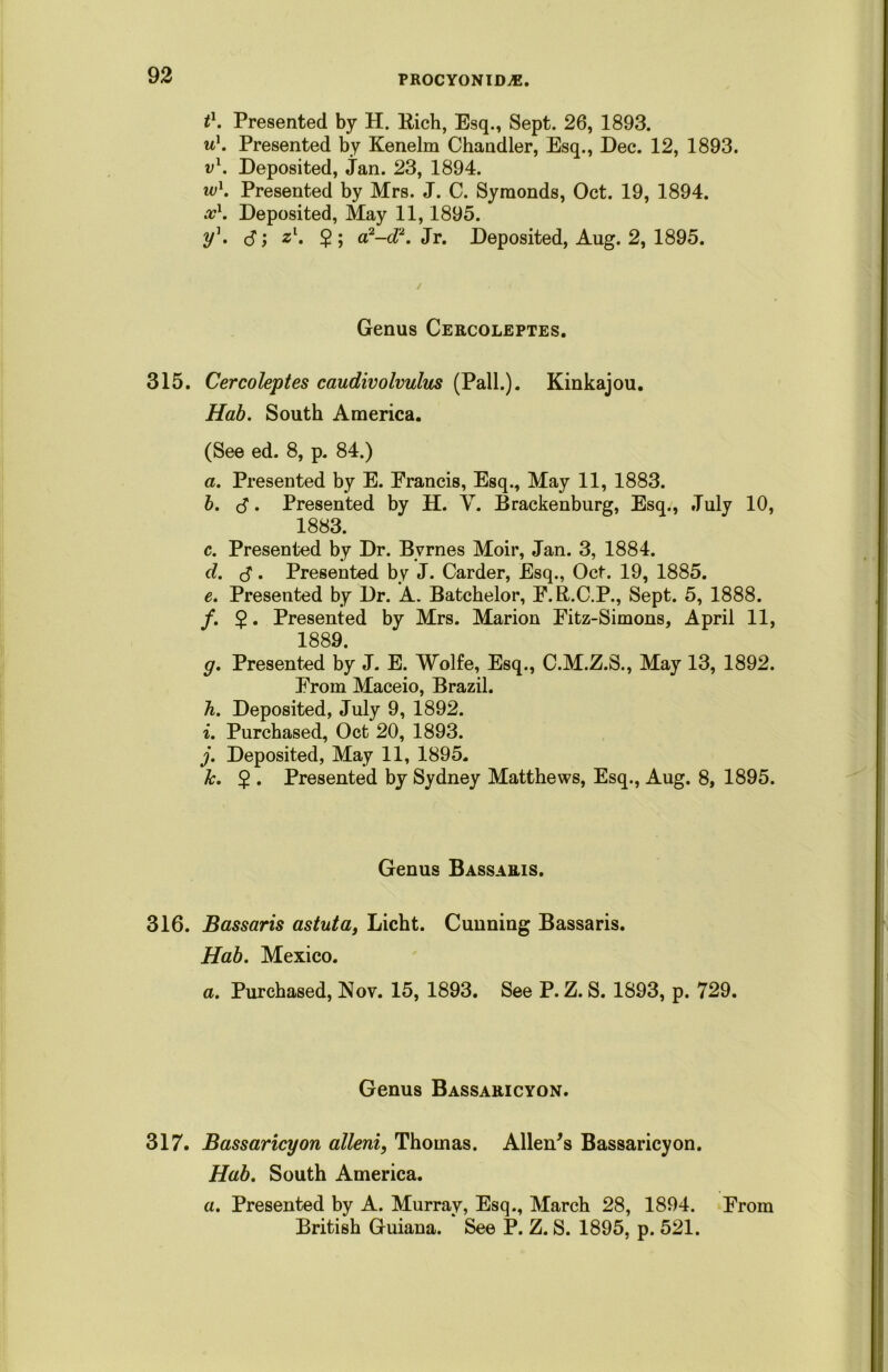 t1. Presented by H. liich, Esq., Sept. 26, 1893. u\ Presented by Kenelm Chandler, Esq., Dec. 12, 1893. vl. Deposited, Jan. 23, 1894. w\ Presented by Mrs. J. C. Syraonds, Oct. 19, 1894. x1. Deposited, May 11,1895. y\ ($; zl. $; a2-d2. Jr. Deposited, Aug. 2, 1895. Genus Cercoleptes. 315. Cercoleptes caudivolvulus (Pall.). Kinkajou. Hab. South America. (See ed. 8, p. 84.) a. Presented by E. Francis, Esq., May 11, 1883. b. <5. Presented by H. V. Brackenburg, Esq., July 10, 1883. c. Presented by Dr. Byrnes Moir, Jan. 3, 1884. d. $. Presented by J. Carder, Esq., Oct. 19, 1885. e. Presented by Dr. A. Batchelor, F.R.C.P., Sept. 5, 1888. /. $. Presented by Mrs. Marion Fitz-Simons, April 11, 1889. g. Presented by J. E. Wolfe, Esq., C.M.Z.S., May 13, 1892. From Maceio, Brazil. h. Deposited, July 9, 1892. i. Purchased, Oct 20, 1893. j. Deposited, May 11, 1895. Jc. 2 • Presented by Sydney Matthews, Esq., Aug. 8, 1895. Genus Bassakis. 316. Bassaris astuta, Licht. Cunning Bassaris. Hab. Mexico. a. Purchased, Nov. 15, 1893. See P. Z. S. 1893, p. 729. Genus Bassaricyon. 317. Bassaricyon alleni, Thomas. Allen's Bassaricyon. Hab. South America. a. Presented by A. Murray, Esq., March 28, 1894. From British Guiana. See P. Z. S. 1895, p. 521.