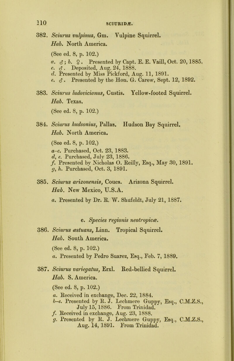 382. Sciurus vulpinus, Gm. Vulpine Squirrel. Hab. North America. (See eel. 8, p. 102.) a. 3; b. 2 • Presented by Capt. E. E. Vaill, Oct. 20,1885. c. 3 . Deposited, Aug. 24, 1888. cl. Presented by Miss Pickford, Aug. 11, 1891. e. 3. Presented by the Hon. G. Carew, Sept. 12, 1892. 383. Sciurus ludovicianus, Custis. Yellow-footed Squirrel. Hab, Texas. (See ed. 8, p. 102.) 384. Sciurus liudsonius, Pallas. Hudson Bay Squirrel. Hab. North America. (See ed. 8, p. 102,) a-c. Purchased, Oct. 23, 1883. (?, e. Purchased, July 23, 1886. /. Presented by Nicholas 0. Beilly, Esq., May 30, 1891. (/, h. Purchased, Oct. 3, 1891. 385. Sciurus arizonensis, Coues. Arizona Squirrel. Hab. New Mexico, U.S.A. a. Presented by Dr. R. W. Shufeldt, July 21, 1887. e. Species regionis neotropicce. 386. Sciurus cestuans, Linn. Tropical Squirrel. Hab. South America. (See ed. 8, p. 102.) a. Presented by Pedro Suarez, Esq., Eeb. 7, 1889. 387. Sciurus variegatus, Erxl. Red-bellied Squirrel. Hab. S. America. (See ed. 8, p. 102.) a. Received in exchange, Dec. 22, 1884. b-e. Presented by R. J. Lechmere Guppy, Esq., C.M.Z.S., July 15, 1886. From Trinidad. /. Received in exchange, Aug. 23, 1888. g. Presented by R. J. Lechmere Guppy, Esq., C.M.Z.S., Aug. 14, 1891. From Trinidad.