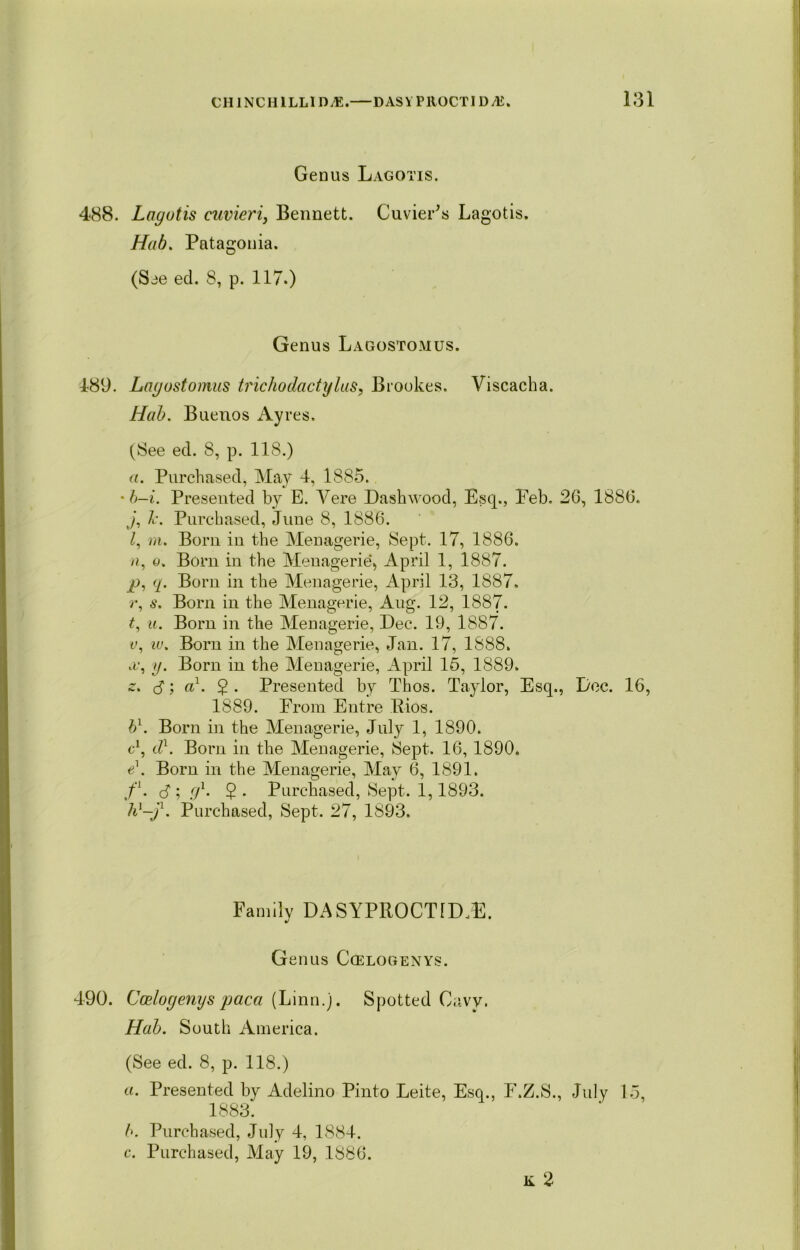 Genus Lagotis. 488. Lagotis cuvieri, Bennett. Cuviers Lagotis. Hab. Patagonia. (See ed. 8, p. 117.) Genus Lagostomus. 489. Lagostomus trichodactylus, Brookes. Viscacha. Hab. Buenos Ayres. (See ed. 8, p. 118.) a. Purchased, May 4, 1885. • h-i. Presented by E. Vere Dashwood, Esq., Eeb. 26, 1886. J, l\ Purchased, June 8, 1886. Z, m. Born in the Menagerie, Sept. 17, 1886. /?, o. Bom iu the Menagerie, April 1, 1887. , q. Born in the Menagerie, April 13, 1887. r, s. Born in the Menagerie, Aug. 12, 1887. t, u. Born in the Menagerie, Dec. 19, 1887. v, iv. Born in the Menagerie, Jan. 17, 1888. a1, g. Born in the Menagerie, April 15, 1889. •r. <$; a1. 2 • Presented by Thos. Taylor, Esq., Dec. 16, 1889. Prom Entre Bios. b1. Born in the Menagerie, July 1, 1890. c1, d1. Born in the Menagerie, Sept. 16, 1890. e\ Born in the Menagerie, May 6, 1891. fl. <3; .q1. 2- Purchased, Sept. 1,1893. h'-f. Purchased, Sept. 27, 1893. Family DA SYPROCT1D/E. Genus Ccelogenys. 490. Ccelogenys paca (Linn.). Spotted Caw. Hub. South America. (See ed. 8, p. 118.) a. Presented by Adelino Pinto Leite, Esq., F.Z.S., July 15, 1883. b. Purchased, July 4, 1884. c. Purchased, May 19, 1886. k 2