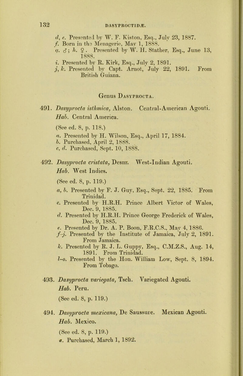 d, e. Presented by W. E. Kiston, Esq., July 23, 1887. f. Born in the Menagerie, May 1, 1888. q. <5; h. 2- Presented by W. H. Stather. Esq., June 13, 1888. i. Presented by R. Kirk, Esq., July 2, 1891. j, Jc. Presented by Capt. Arnot, July 22, 1891. From British Guiana. Genus Dasyprocta. 491. Dasyprocta isthmica, Alston. Central-American Agouti. Hah. Central America. (See ed. 8, p. 118.) a. Presented by H. Wilson, Esq., April 17, 1884. h. Purchased, April 2, 1888. c, d. Purchased, Sept. 10, 1888. 492. Dasyprocta cristata, Desnr. West-Indian Agouti. Hah. West Indies. (See ed. 8, p. 119.) a, h. Presented by E. J. Guy, Esq., Sept. 22, 1885. From Trinidad. c. Presented by H.E.H. Priuce Albert Victor of Wales, Dec. 9, 1885. cl. Presented by H.E.H. Prince George Frederick of Wales, Dec. 9, 1885. e. Presented by Dr. A. P. Boon, F.E.C.S., May 4, 1886. f-j. Presented by the Institute of Jamaica, July 2, 1891. From Jamaica. Jc. Presented by E. J. L. Guppy, Esq., C.M.Z.S., Aug. 14, 1891. From Trinidad. l—o. Presented by the Hon. William Low, Sept. 8, 1894. From Tobago. 493. Dasyprocta variegata, Tsch. Variegated Agouti. Hah. Peru. (See ed. 8, p. 119.) 494. Dasyprocta mexicana, De Saussuie. Mexican Agouti. Hah. Mexico. (See ed. 8, p. 119.) a. Purchased, March 1, 1892.