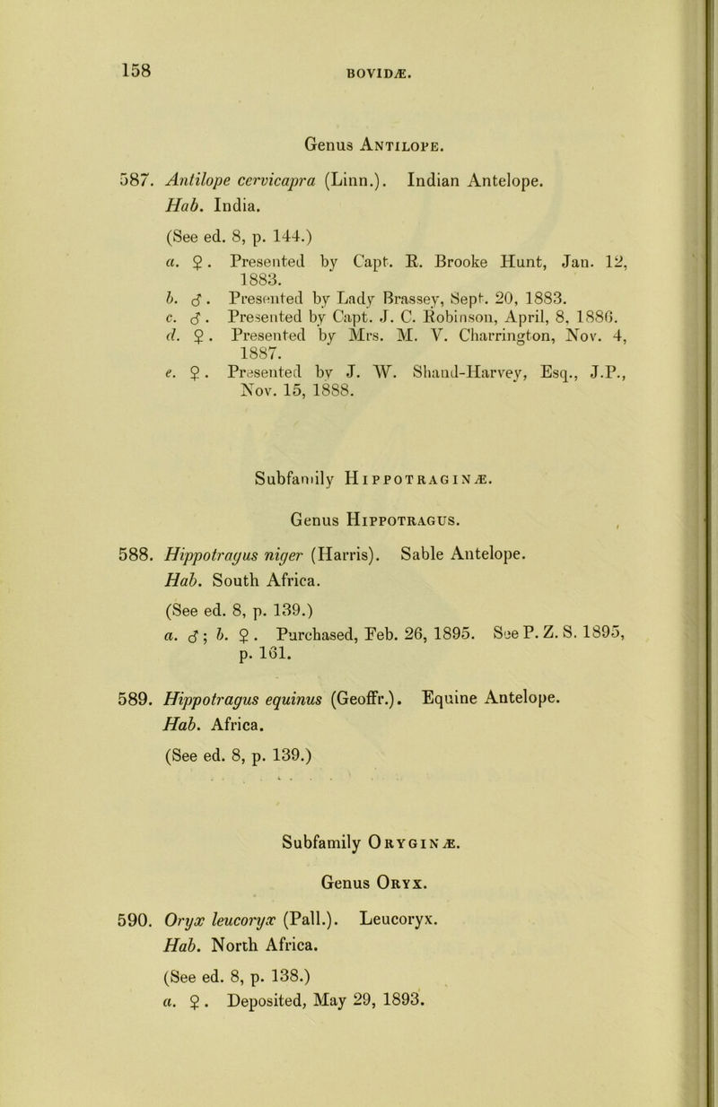 Genus Antilope. 587. Antilope cervicapra (Linn.). Indian Antelope. Hab. India. (See ed. 8, p. 144.) ci. 5. Presented by Capt. R. Brooke Hunt, Jan. 12, 1883. b. B . Presented by Lady Brassey, Sept. 20, 1883. c. <5. Presented by Capt. J. C. Robinson, April, 8, 1880. cl. 5 • Presented by Mrs. M. V. Charrington, Nov. 4, 1887. e. 5 • Presented by J. W. Shaud-Harvey, Esq., J.P., Nov. 15, 1888. Subfamily Hippotragin^. Genus Hippotragus. 588. Hippotragus niger (Harris). Sable Antelope. Hab. South Africa. (See ed. 8, p. 139.) a. cf; b. 5. Purchased, Eeb. 26, 1895. See P. Z. S. 1895, p. 161. 589. Hippotragus equinus (GeofFr.). Equine Antelope. Hab. Africa. (See ed. 8, p. 139.) Subfamily Orygin^e. Genus Oryx. 590. Oryx leucoryx (Pall.). Leucoryx. Hab. North Africa. (See ed. 8, p. 138.) a. 2 • Deposited, May 29, 1893.