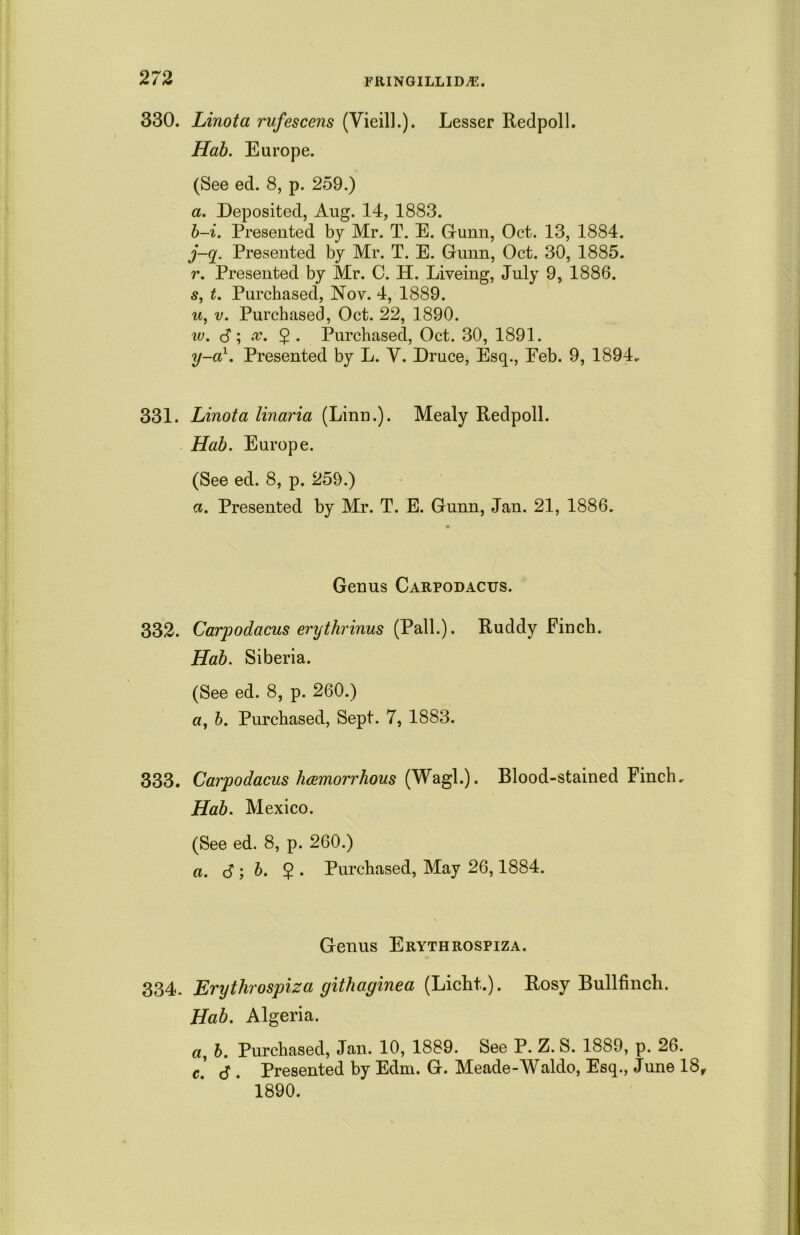 330. Linota rufescens (Vieilh). Lesser Redpoll. Hab. Europe. (See ed. 8, p. 259.) a. Deposited, Aug. 14, 1883. b-i. Presented by Mr. T. E. Gunn, Oct. 13, 1884. j-q. Presented by Mr. T. E. Gunn, Oct. 30, 1885. r. Presented by Mr. C. H. Liveing, July 9, 1886. s, t. Purchased, Nov. 4, 1889. u, v. Purchased, Oct. 22, 1890. iv. S; x. 2 • Purchased, Oct. 30, 1891. y-al. Presented by L. V. Druce, Esq., Eeb. 9, 1894. 331. Linota linaria (Linn.). Mealy Redpoll. Hab. Europe. (See ed. 8, p. 259.) a. Presented by Mr. T. E. Gunn, Jan. 21, 1886. Genus Carpodacus. 332. Carpodacus erythrinus (Pall.). Ruddy Finch. Hab. Siberia. (See ed. 8, p. 260.) a, b. Purchased, Sept. 7, 1883. 333. Carpodacus hcemorrhous (Wagl.). Blood-stained Finch, Hab. Mexico. (See ed. 8, p. 260.) a. 6; b. $ . Purchased, May 26,1884. Genus Erythrospiza. 334. Erythrospiza githaginea (Licht.). Rosy Bullfinch. Hab. Algeria. a, b. Purchased, Jan. 10, 1889. See P. Z. S. 1889, p. 26. c. 6 . Presented by Edm. G. Meade-Waldo, Esq., June 18, 1890.