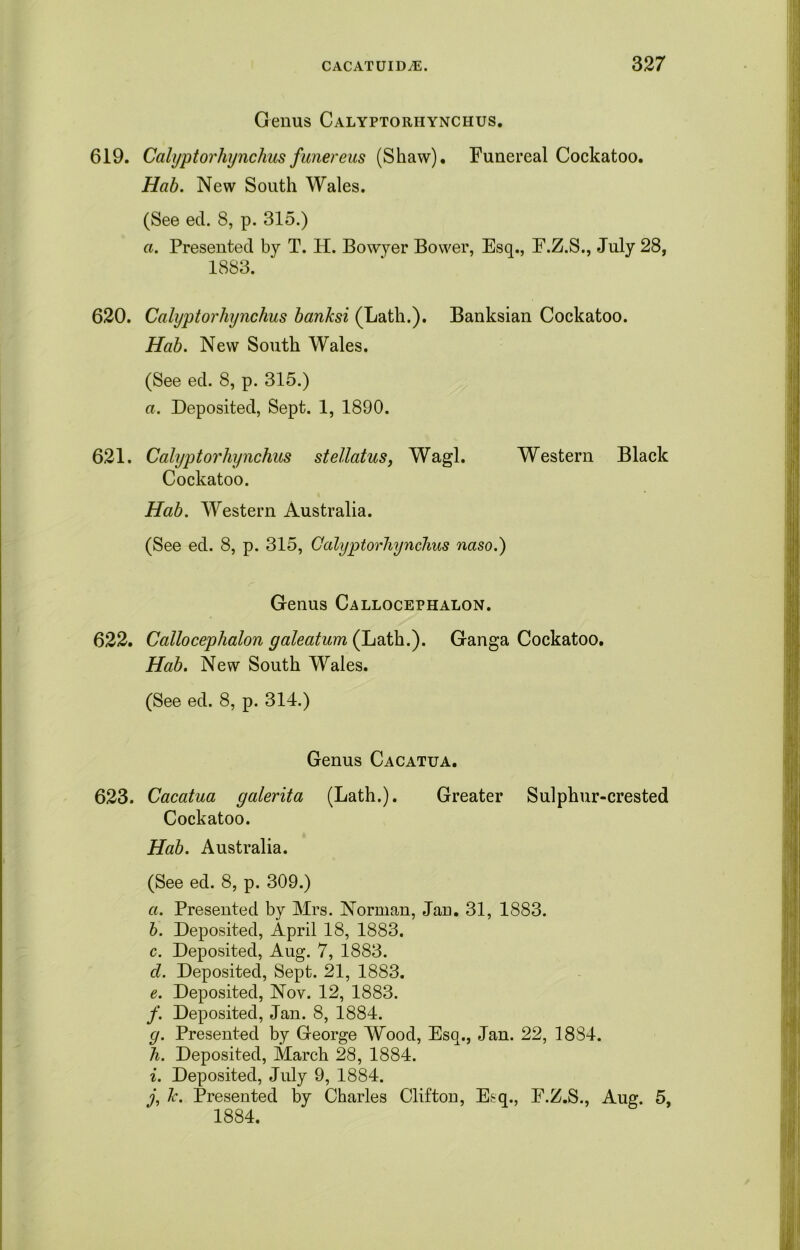 Genus Calyptorhynchus. 619. Calyptorhynchus funereus (Shaw). Funereal Cockatoo. Hab. New South Wales. (See eel. 8, p. 315.) a. Presented by T. H. Bowyer Bower, Esq., F.Z.S., July 28, 1883. 620. Calyptorhynchus banksi (Lath.), Banksian Cockatoo. Hab. New South Wales. (See eel. 8, p. 315.) a. Deposited, Sept. 1, 1890. 621. Calyptorhynchus stellatus, Wagl. Western Black Cockatoo. Hab. Western Australia. (See ed. 8, p. 315, Calyptorhynchus naso.) Genus Callocephalon. 622. Callocephalon galeatum (Lath.). Ganga Cockatoo. Hab. New South Wales. (See ed. 8, p. 314.) Genus Cacatua. 623. Cacatua galerita (Lath.). Greater Sulphur-crested Cockatoo. Hab. Australia. (See ed. 8, p. 309.) a. Presented by Mrs. Norman, Jan. 31, 1883. b. Deposited, April 18, 1883. c. Deposited, Aug. 7, 1883. cl. Deposited, Sept. 21, 1883. e. Deposited, Nov. 12, 1883. f. Deposited, Jan. 8, 1884. g. Presented by George Wood, Esq., Jan. 22, 18S4. h. Deposited, March 28, 1884. i. Deposited, July 9, 1884. j. k. Presented by Charles Clifton, Esq., F.Z.S., Aug. 5, 1884.