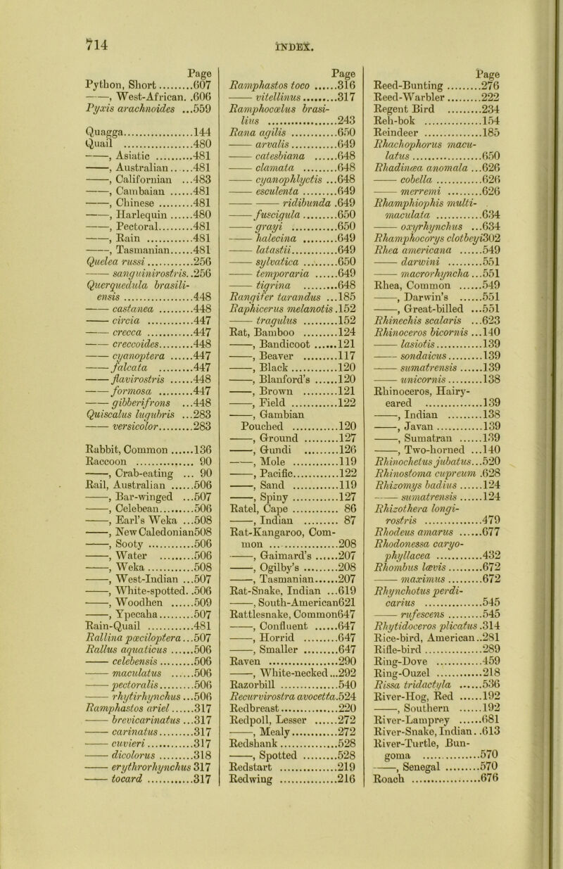 Page Python, Short 607 , West-African. .606 Pyxis arachnoides ...559 Quagga 144 Quail 480 , Asiatic 481 , Australian 481 , Californian ...483 , Cambaian 481 , Chinese 481 , Harlequin 480 , Pectoral 481 , Rain 481 , Tasmanian 481 Quelea russi 256 sanguinirostris. .256 Qucrqucdula brasili- ensis 448 castanea 448 circia .... 447 crecca 447 creccoides 448 cyanoptera 447 falcata 447 flavirostris 448 formosa 447 gibberifrons ... 448 Quiscalus lugubris ...283 versicolor 283 Rabbit, Common 136 Raccoon 90 , Crab-eating ... 90 Rail, Australian 506 , Bar-winged ...507 , Celebean 506 , Earl’s Weka ...508 , jNewCaledonian508 , Sooty 506 , Water 506 , Weka 508 , West-Indian ...507 , White-spotted. .506 ■ , Wood hen 509 , Ypecaha 507 Rain-Quail 481 Rallina poeciloptera.. .507 Rallus aquations 506 celebensis 506 maculatus 506 pectoralis 506 rhytirhynchus ...506 Ramp hast os arid 317 brevicarinatus ...317 carinatus 317 cuvier i 317 dicolor us 318 erythrorhynchus 317 tocard 317 Page Ramphastos toco 316 vitellinus 317 Ramphocotlus brasi- lius 243 Rana agilis 650 arvalis 649 catesbiana 648 clamata 648 cyanophlyctis ...648 esculenta 649 ridibunda .649 fuscigula 650 grayi 650 halecina 649 latastii 649 sylvatica 650 temporaria 649 tigrina 648 Rang iter tarandus ...185 Raphicerus melanotis .152 tragulus 152 Rat, Bamboo 124 , Bandicoot 121 , Beaver 117 , Black 120 , Blanford’s 120 , Brown 121 , Field 122 , Gambian Pouched 120 , Ground 127 , Gundi 126 , Mole 119 ■ , Pacific 122 , Sand 119 , Spiny 127 Ratel, Cape 86 , Indian 87 Rat-Kangaroo, Com- mon 208 , Gaimard’s 207 , Ogilby’s 208 , Tasmanian 207 Rat-Snake, Indian ...619 , South-American621 Rattlesnake, Common647 , Confluent 647 , Horrid 647 , Smaller 647 Raven 290 , White-necked ...292 Razorbill 540 Recurvirostra avocetta.524: Redbreast 220 Redpoll, Lesser 272 , Mealy 272 Redshank 528 , Spotted 528 Redstart 219 Redwing 216 Page Reed-Bunting 276 Reed-Warbler 222 Regent Bird 234 Reh-bok 154 Reindeer 185 Rhacliophorus macu- latus 650 Rhadincea anomala .. .626 cobella .626 merremi .626 Rhamphiophis multi- onaculata .634 oxyrhynchus .. .634 Rhamphocorys clotbcyio\Y2 Rhea americana .549 darwini .551 macrorhyncha.. .551 Rhea, Common .549 , Darwin’s .551 , Great-billed .. .551 Rhinechis scalaris .. .623 Rhinoceros bicornis .. .140 lasiotis .139 sondaicus .139 sumatrensis .139 unicornis .138 Rhinoceros, Hairy- eared .139 , Indian .138 , Javan .139 , Sumatran .139 , Two-horned .. .140 Rhinoclietusjubatus.. .520 Rhinostoma cupreum .628 Rliizomys badius .124 sumatre?isis .124 Rhizothera longi- rostris .479 Rhodeus amarus .677 Rhodonessa caryo- phyllacea .432 Rhombus Icevis .672 maximus .672 Rhynchotus perdi- carius .545 rufescens Rliytidoceros plicatus .314 Rice-bird, American. ..281 Rifle-bird .289 Ring-Dove .459 Ring-Ouzel .218 Rissa tridactyla .536 River-Hog, Red .192 , Southern .192 River-Lamprey .681 River-Snake, Indian. .613 River-Turtle, Bun- goma 570 , Senegal 570 Roach 676