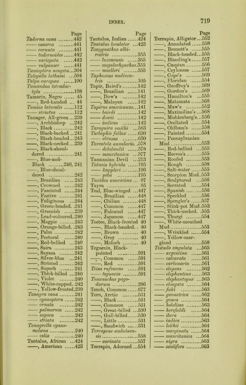 Page Tadorna cana 442 casarca 441 cornuta .. 441 tadornoides 442 variegata 442 vulpanser 441 Tcsnioptera nengeta...304 Talegalla latliami ...504 Talpa curopcea 100 Tamandua tetradac- tyla 198 Tamarin, Negro 45 , Red-handed ... 44 Tamias lateralis 112 stria tus 112 Tanager, All-green...239 , Black 242 , Black-backed...241 , Black-headed...243 , Black-necked...239 , Black-shoul- dered 241 —, Blue-and- —, Blue-shoul- dered 242 —, Brazilian 243 —, Crowned 242 —, Fasciated 244 —, Festive 241 —, Fuliginous ...244 —, Gi*een-headed. .241 —, Greenish 239 —, Lead-coloured..240 —, Magpie 243 —, Orange-billed. .243 —, Palm 242 —, Pectoral 240 —, Red-bellied ...240 —, Saira 243 —, Sayaca 242 —, Silver-blue ...241 —, Striated 242 —, Superb 241 —, Thick-billed ...240 —, Violet 240 , Yellow-fronted.239 Tanagra cana 241 cyanoptera 242 ornata 242 palmarum 242 sayaca 242 striata 242 Tanagrella cyano- melazna 240 velia 240 Tantalus, African ...424 , American 423 Page Tantalus, Indian 424 Tantalus loculator ...423 Tanygnathus albi- rostris 355 luzonensis 355 megalorhynchus. 355 muelleri 355 Taphozous nudiven- tris 105 Tapir, Baird’s 142 , Brazilian 141 , Dow’s 142 , Malayan 142 Tapirus americanus... 141 bairdi 142 dowii 142 indicus 142 Taraguira smithi ...583 Tarbophis fallax 630 obtusus 630 Tarentola annularis. .578 delalandii 578 mauritanica ...577 Tasmanian Devil ...213 Tatusia hyhrida 195 kappleri 196 peb a 195 Taxiclea americana ... 87 Tayra 85 Teal, Blue-winged ...447 , Bi’azilian 448 , Chilian 448 , Common 447 , Falcated 447 , Japanese 447 Teetee, Black-fronted 40 , Black-handed. . 40 , Brown 40 , Grey 40 , Moloch 40 Teguexin, Black- pointed 591 , Common 591 —Red 591 Teius rufesccns 591 teguexin 591 Temenuchus pcigo- darum 286 Tench, Common 677 Tern, Arctic 531 , Black 531 , Common 531 , Great-billed ...530 , Gull-billed 530 , Little 531 , Sandwich 531 Terrapene amboinen- sis 558 carinata 557 Terrapin, Adorned ...554 Page Terrapin, Alligator ...552 Annulated 558 , Bennett’s 555 , Black-headed...555 ■, Blanding’s 557 •, Caspian 556 , Ceylonese 557 , Cope’s 569 , Floridan 554 , Geoflroy’s 569 , Gordon’s 569 , Hamilton’s ...555 , Matamata 568 , Maw’s 552 ■, Maximilian’s ...568 , Ocellated 554 , Oldham’s 558 , Painted 554 , Pennsylvanian Mud... 553 , Red-bellied ...555 , Reeves’s 555 , Roofed 553 , Rough 558 , Salt-water 555 , Scorpion Mud..553 , Sculptured ...556 , Serrated 554 , Spanish 556 , Speckled 556 , Spengler’s 557 , Stink-pot Mud .553 , Thick-necked. .555 , Thurgi 554 , White-mouthed Mud 553 , Wrinkled 554 , Yellow-mar- gined 558 Testuclo angulata ...565 argentinei 561 calcar ata 561 carbonaria 561 elegans 562 elephantina 563 elephantopus ... 563 dong ata 564 fiski 563 —- geometrica 562 groeca 564 hololissa 563 horsfieldi 564 ibera 564 indica 563 leithii 564 marginata 564 mauritanica ... 564 nigra 563 oculifera 563
