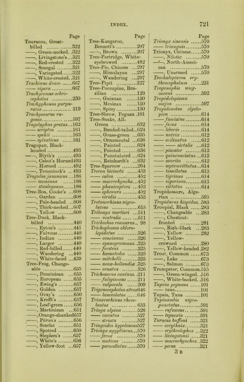 Page Touracou, Great- billed. 322 , Green-necked. .322 , Livingstone’s...321 , Red-crested ...322 , Senegal 321 , Variegated 322 , White-crested. .321 Trachinus draco 667 vipera 667 Trachycomus ochro- cephalus 230 Trachyphonus purpu- ratus 319 Trachysaurus ru- gosns 597 Tragelaphus grains... 16'2 script us 161 spekii 163 sy l vaticus 161 Tragopan, Black- headed 493 , Blyth’s 493 , Cabot’s Horned493 , Horned 492 , Teraminck’s ...493 Tragulus javanicus ... 186 meminna 186 stanleyanus 186 Tree-Boa, Cooke’s ...608 , Garden 608 , Pale-headed ...608 , Thick-necked...607 , Yellow 608 Tree-Duck, Black- billed 440 , Eyton’s 441 , Fulvous 440 , Indian 440 , Larger 440 , Red-billed 440 , Wandering ...440 , White-faced ...439 Tree-Frog, Change- able 655 , Dominican ...655 , European 655 , Ewing’s 657 , Golden 657 , Graj’s 650 , Krefft’s 657 , Leaf-green 656 , Martinican ...651 , Orange-shanked657 , Peron's 656 , Scarlet 651 , Spotted 650 , Stephen’s 657 , White’s 656 , Yellow-foot ...657 Page Tree-Kangaroo, Bennett’s .207 , Brown .207 Tree-Partridge, White- eyebrowed .482 Tree-Pie, Chinese .. .297 , Himalayan .. .297 , Wandering .. .297 Tree-Pipit .227 Tree-Porcupine, Bra zilian .129 , Guianan .130 , Mexican .130 , Spiny .130 Tree-Shrew, Peguan Tree-Snake, All- .101 Green .632 , Banded-tailed.. .024 , Grass-green .. .635 , Ornamental .. .636 , Painted .624 , Pointed .636 , Punetulated .. .624 , Reinhardt’s .. .632 Tree-Sparrow .264 Treron bicincta .453 calva .452 macrorkyncha.. .452 phoenicoptera .. ..453 sphenura ..452 viridis 453 Tretanorhinus nigro- luteus 615 Tribonyx mortieri ... 511 ventralis 511 Trichechus rosmarus.. 98 Trickoglossus chloro- lepidotus 326 concinnus 326 cyanogrammus. .325 forsteni 325 hcematodes 325 mitchelli 325 novce-hollandise .325 ornatus 326 Trichosurus caninus. .211 fuliginosus 211 vulpecida 209 Trigonocephalus atrox646 lanceolatus 646 Trimerorhinus rhom- beatus 633 Tringa alpina 526 canatus 527 striata 527 Tringo ides liypoleucus&Tl Trionyx cegyptiacus... 570 ferox 570 muticus 570 perocellatus 570 Page Trionyx sinensis 570 triunguis 570 Trionyx, Chinese 570 , Nilotic 570 ——, North-Ameri- can ;..570 , Unarmed 570 Trochalopteron ery- throcephalum 231 Trogonophis wieg- manni 592 Tropidolepisma majus 597 Tropidonotus clyclo- pion 614 fasciatus 614 ferox 614 leberis 614 natrix 612 ordinatus 612 sirtalis ...612 piscator 613 quincunciatus ...613 saurita 612 sept emvittat us...614 tessellatus 613 tigrinus 614 viperinus 613 vittatus 614 Tropidosaure, Alge- rian ... 595 Tropidurus hispidus. .583 Troupial, Black 283 , Changeable ...283 , Chestnut- fronted 281 , Rich-Black ...283 , YTellow 282 , Yellow- crowned 280 , Yellow-headed .282 Trout, Common 673 , Lake 673 , Salmon 673 Trumpeter, Common.515 , Green-winged. .516 , White-backed. .516 Tupaia peguana 101 tana 101 Tupaia, Tana 101 Tupinambis nigro- punctatus 591 rufescens 591 teguexin 591 Turacus buffoni 321 corythaix 321 erythrolophus ...322 livingstonii 321 macrorhynchus. .322 persa 321 3 B