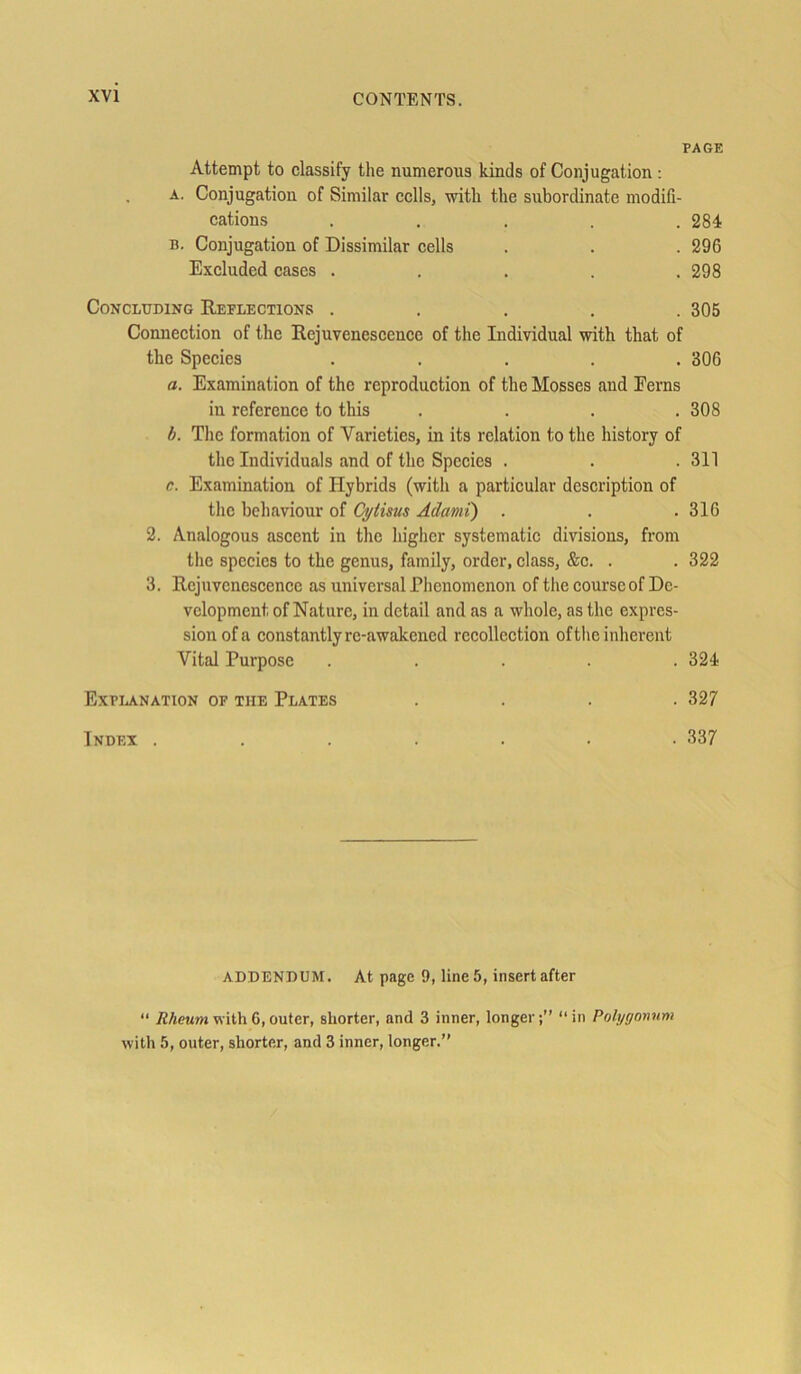 PAGE Attempt to classify tlie nunierous kinds of Conjugation : a. Conjugation of Sirailar cclls, with tlie subordinate modifi- cations ..... 284 n. Conjugation of Dissimilar cells . . . 296 Excluded cascs ..... 298 Concluding Reflections ..... 305 Connection of tlie Rejuvenescencc of tlie Individual with tliat of thc Species ..... 306 a. Examination of thc rcproduction of tlie Mosses and Eerns in reference to this .... 308 b. The formation of Yarieties, in its rclation to tlie history of tlie Individuals and of the Species . . . 311 c. Examination of Ilybrids (with a particular description of thc bchaviour of Ci/tisus Adarni) . . . 316 2. Analogous ascent in thc higher systematic divisions, from the species to the genus, family, order, dass, &c. . . 322 3. llcjuvcncscence as universal Phenomenon of the courscof De- velopment. of Nature, in detail and as a whole, as tlie expres- sion ofa constantlyre-awakencd recollection of thc inherent Vital Purpose ..... 324 Explanation of tue Plates .... 327 Index ....... 337 ADDENDUM. At page 9, line 5, insert after “ Rheum with C, outer, sliorter, and 3 inner, longer;” “in Polygonnm with !i, outer, shorter, and 3 inner, longer.”