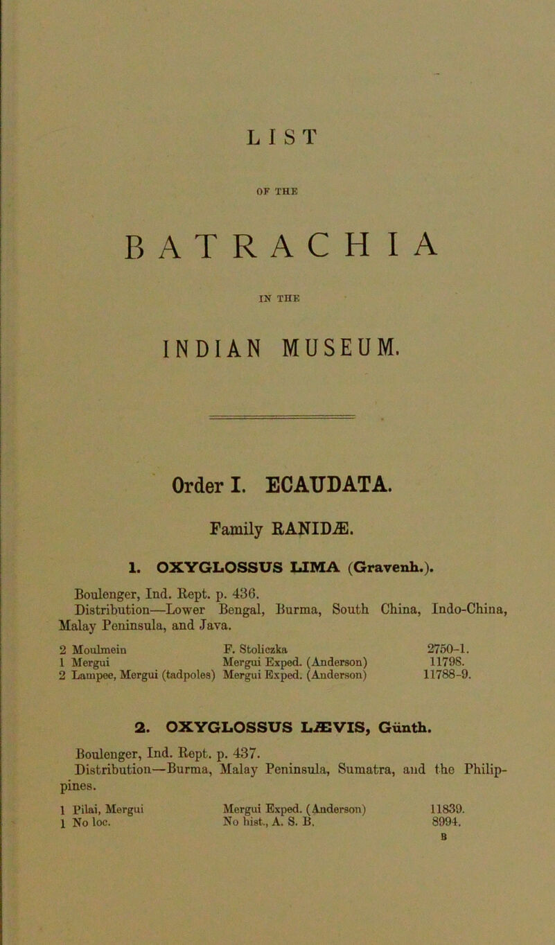 LIST OF THE BATRACHIA IN THE INDIAN MUSEUM. Order I. ECAUDATA. Family EANIDiE. 1. OXVGLOSSUS UMA (Gravenli.). Boulenger, Ind. Kept. p. 436. Distribution—Lower Bengal, Burma, South China, Indo-China, Malay Peninsula, and Java. 2 Moulmein F. Stoliczka 2750-1. 1 Mergui Mergui Exped. (Anderson) 11798. 2 Lanipee, Mergui (tadpoles) Mergui Exped. (Ander-son) 11788-9. 2. OXYGLOSSUS LiEVIS, Giinth. Boulenger, Ind. Eopt. p. 437. Distribution—Burma, Malay Peninsula, Sumatra, and the Philip- pines. 1 Pilai, Mergui Mergui Exped. (Anderson) 11839. 1 No loc. No hist., A. S. B. 8994. B