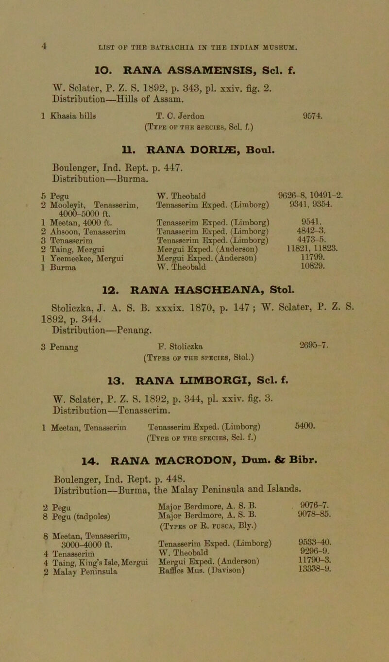 lO. RANA ASSAMENSIS, Scl. f. W. Sclater, P. Z. S. 1892, p. 343, pi. xxiv. fig. 2. Distribution—Hills of Assam. 1 Khasia hills T. 0. Jerdon 9574. (Tyi'e op the species, Scl. f.) U. RANA DORLS, Boul. Boulenger, Ind. Kept. p. 447. Distribution—Burma. 6 Pegu 2 Mooleyit, Tenasserim, 4000-5000 ft. 1 Meetan, 4000 ft. 2 Ahsoon, Tenasserim 3 Tenasserim 2 Taing, Mergui 1 Yeemeekee, Mergui 1 Burma W. Theobald 9026-8, 10491-2. Tenasserim Exped. (Limborg) 9341, 9354. Tenasserim Exped. (Limborg) 9541. Tenasserim Exped. (Limborg) 4842-3. Tenasserim Exped. (Limborg) 4473-5. Mergui Exped. (Anderson) 11821, 11823. Mergui Exped. (Anderson) 11799. W. Theobald 10829. 12. RANA HASCHEANA, Stol. Stoliczka, J. A. S. B. xxxix. 1870, p. 147; W. Sclater, P. Z. S. 1892, p. 344. Distribution—Penang. 3 Penang F. Stoliczka 2695-7. (Types op the species, Stol.) 13. RANA LIMBORGI, Scl. f. W. Sclater, P. Z. S. 1892, p. 344, pi. xxiv. fig. 3. Distribution—Tenasserim. 1 Meetan, Tenasserim Tenasserim Exped. (Limborg) 5400. (Type op the species, Scl. f.) 14-. RANA MACRODON, Dum. & Bibr. Boulenger, Ind. Kept. p. 448. Distribution—Burma, the Malay Peninsula and Islands. 2 Pegu 8 Pegu (tadpoles) 8 Meetan, Tenasserim, 3000-4000 ft. 4 Tenasserim 4 Taing, King’s Isle, Mergui 2 Malay Peninsula Major Berdmore, A. S. B. Major Berdmore, A. S. B. (Types op R. pusca, Bly.) Tenasserim Exped. (Limborg) W. Theobald Mereui Exped. (Anderson) Raffles Mus. (Davison) 9076-7. 9078-85. 9533-40. 9296-9. 11790-3. 13338-9.