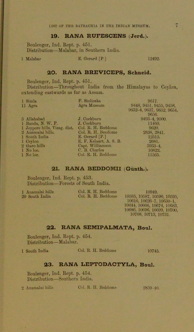 19. RANA RUFESCENS (Jerd.). Boulcnger, Ind. Rept. p. 451. Distribution—Malabar, in Southern India. 1 Malabar E. Gerard [P.] 12492. 20. RANA BREVICEPS, Schneid. Boulengor, Ind. Itept. p. 451. Distribution—Throughout India from the Himalayas to Ceylon, extending eastwards as far as Assam. I Simla II Agra 3 Allahabad 1 Banda, N. W. P. 1 Jeypore hills, Vizag. dist. 2 Anamalai hills. 1 South India 1 Oeylon 2 Garo hills 1 Noloc. 1 No loc. P. Stoliozka Agra Museum J. Oockburn J. Oockburn Col. R. H. Beddoiiie CoL R. II. Bendome E. Gerard [P.] E. F. Kelaart., A. S. B. Capt. Williamson C. B. Charles Col. R. H. Beddoine 9617. 9448, 9451, 9455, 9458, 9632-4, 9637, 9652, 9654, 9656. 9493-4, 9500. 11460. 9620. 2838, 2841. 12515. 2(581. 3933-4. 10822. 11565. 21. RANA BEDDOMII (Giinth.). Boulenger, Ind. Ilept. p. 453, Distribution—Forests of South India. 1 Anamalai hills Col. R. H. Beddome 10949. 20 South India Col. R. H. Beddome 10585, 10587, 10590, 10595, 10616, 10626-7, 10630-1, 10644, 1066(5, 10674, 10683, 10(586, 10696, 10699, 10700, 10708, 10713, 10731. 22. RANA SEMIPALMATA, Boul. Boulenger, Ind. Rept, p. 454. Distribution—Malabar. 1 South India Col. R. H. Beddome 10745. 23. RANA LEPTODACTYLA, Boul. Boulenger, Ind. Rept. p. 454. Distribution—Southern India. 2 Anamalai hills Col. R. H. Beddome 2839-40.