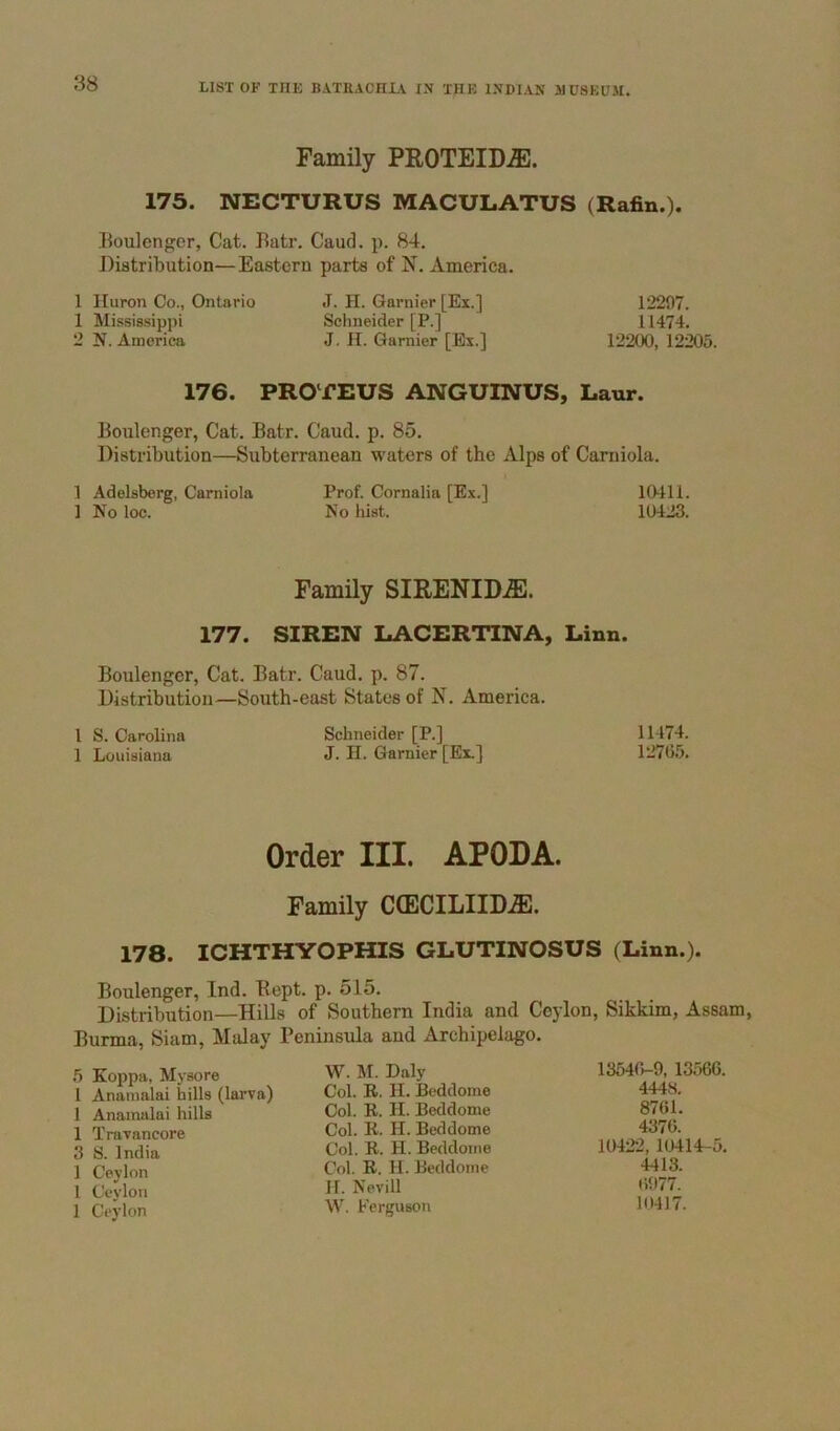 Family PROTEID.®. 175. NECTURUS MACULATUS (Rafin.). Boulengor, Cat. Batr. Gaud. p. 84. Distribution—Eastern parts of N. America. 1 Huron Co., Ontario .T. H. Gamier [Ex.] 12297. 1 Mississippi Schneider [P.] 11474. 2 N. America J. H. Gamier [Ex.] 12200, 12205. 176. PROTEUS ANGUmUS, Laur. Boulenger, Cat. Batr. Caud. p. 85. Distribution—Subterranean waters of the Alps of Carniola. 1 Adelsberg, Carniola Prof. Cornalia [Ex.] 10411. 1 No loc. No hist. 10423. Family SIRENID.ffi. 177. SIREN LACERTINA, Linn. Boulenger, Cat. Batr. Caud. p. 87. Distribution—South-east States of N. America. 1 S. Carolina Schneider [P.] 11474. 1 Louisiana J. H. Gamier [Ex.] 1270.5. Order III. APODA. Family C(ECILIID.ffi. 178. ICHTHYOPHIS GLUTINOSUS (Linn.). Boulenger, Ind. Bept. p. 515. Distribution—Hills of Southern India and Ceylon, Sikkim, Assam, Burma, Siam, Malay Peninsula and Archipelago. .5 Koppa, Mysore 1 Anamalai hills (larva) 1 Anamalai hills 1 Travancore 3 S. India 1 Ceylon 1 Ceylon 1 Ceylon W. M. Daly Col. E. H. Beddome Col. E. H. Beddome Col. E. H. Beddome Col. E. H. Beddome Col. E. H. Beddome IT. Nevill W. Ferguson 13640-9, 13566. 4448. 8761. 4376. 10422, 10414-5. 4413. (5977. 10417.