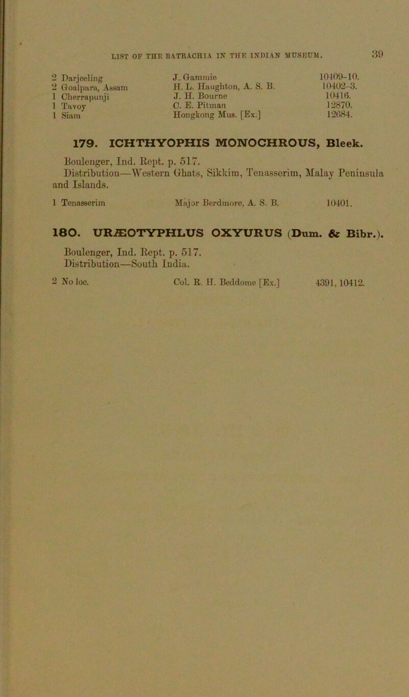 2 Darjeeling J. Gamiiiie 10409-10. 2 Goulparu, Aa-sam H. L. Haughton, A. S. B. 10402-3. 1 Cherrapunji J. H. Bourne 10410. 1 Tavoy C. E. Pitman 12870. 1 Siam Hongkong Mus. [Ex.] 12684. 179. ICHTHYOPHIS MONOCHROUS, Bleek. Eoiilonger, Ind. Ilept. p. 517. Distribution—Western Ghats, Sikkim, Tenasserim, Malay Peninsula and Islands. 1 Tenasserim Major Berdmore, A. S. B. 10401. 180. UR.ffiOTYPHLUS OXYURUS (Dum. & Bibr.). Boulenger, Ind. Rept. p. 517. Distribution—South India. 2 No loc. Col. R. H. Beddome [Ex.] 4391,10412.
