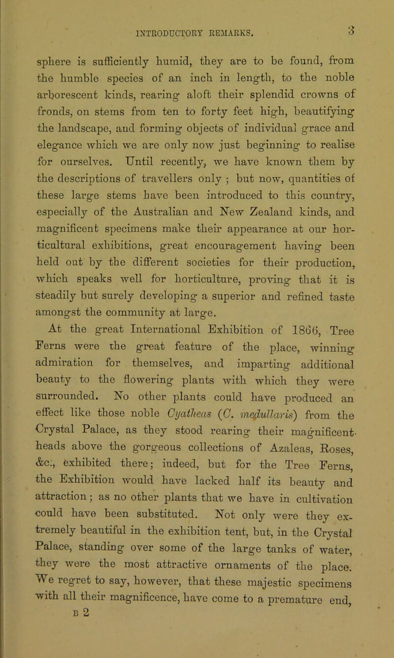 sphere is sufficiently humid, they are to be found, from the humble species of an inch in length, to the noble arborescent kinds, rearing aloft their splendid crowns of fronds, on stems from ten to forty feet high, beautifying the landscape, and forming objects of individual grace and elegance which we are only now just beginning- to realise for ourselves. Until recently, we have known them by the descriptions of travellers only ; but now, quantities of these large stems have been introduced to this country, especially of the Australian and New Zealand kinds, and magnificent specimens make their appearance at our hor- ticultural exhibitions, great encouragement having been held out by the different societies for their production, which speaks well for horticulture, proving that it is steadily but surely developing a superior and refined taste amongst the community at large. At the great International Exhibition of 1866, Tree Ferns were the great feature of the place, winning admiration for themselves, and imparting additional beauty to the flowering plants with which they were surrounded. No other plants could have produced an effect like those noble CyatJieas (G. medullaris) from the Crystal Palace, as they stood rearing their magnificent- heads above the gorgeous collections of Azaleas, Roses, &c;, exhibited there; indeed, but for the Tree Ferns, the Exhibition would have lacked half its beauty and attraction; as no other plants that we have in cultivation could have been substituted. Not only were they ex- tremely beautiful in the exhibition tent, but, in the Crystal Palace, standing over some of the large tanks of water, they were the most attractive ornaments of the place. We regret to say, however, that these majestic specimens -with all their magnificence, have come to a premature end, b 2