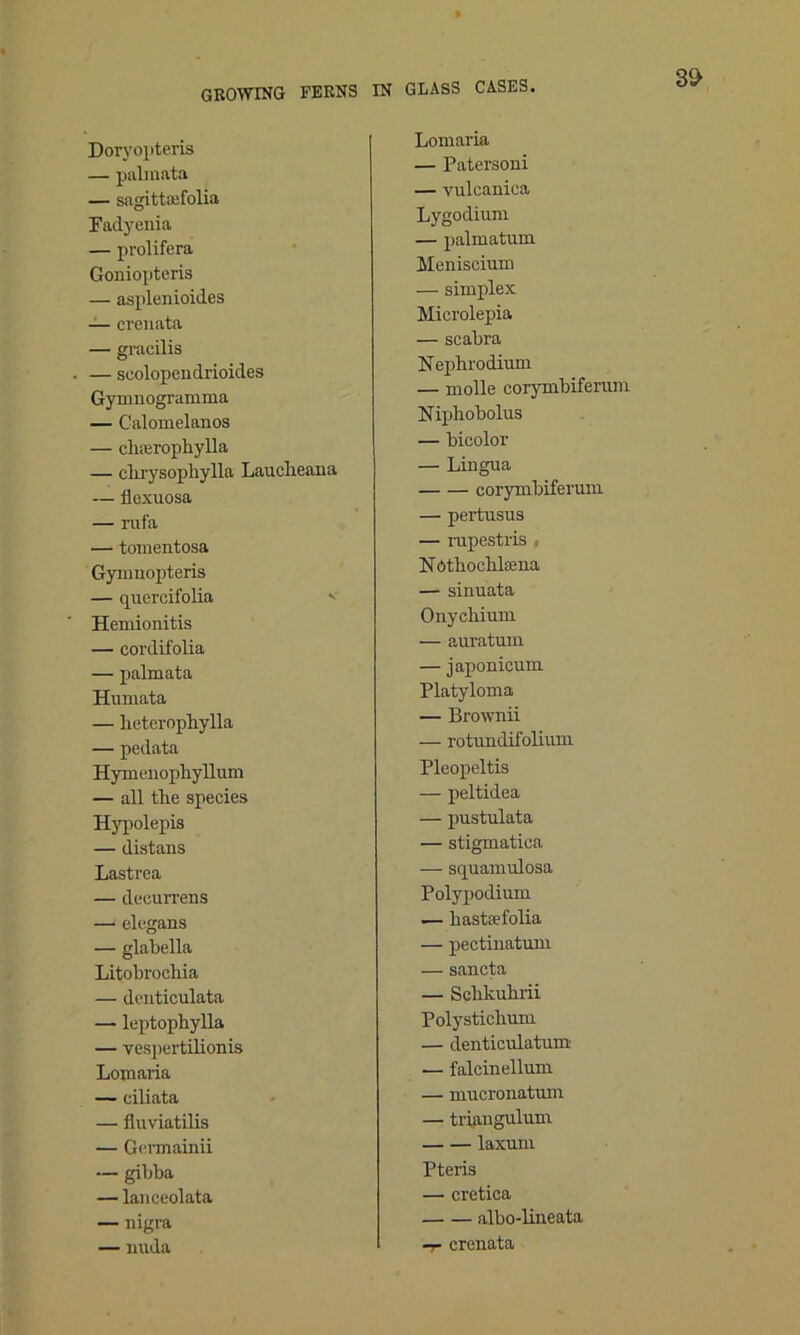 Doryopteris — palmata — sagittefolia Fadyenia — prolifera Goniopteris — asplenioides — crenata — gracilis — scolopendrioides Gymnogramma — Calomelanos — chaerophylla — clrrysophylla Lauclieana — flexuosa — rufa — tomentosa Gymnopteris — quercifolia < Hemionitis — cordifolia — palmata Hu mat a — lieterophylla — pedata Hym enophyllum — all the species Hypolepis — distans Lastrea — dccurrens — elegans — glabella Litobrochia — denticulata — leptophylla — vespertilionis Lomaria — ciliata — fluviatilis — Germainii — gibba — lanceolata — nigra — nuda Lomaria — Patersoni — vulcanica Lygodium — palmatum Meniscium — simplex Microlepia — scabra Nephrodium — molle corymbiferum Niphobolus — bicolor — Lingua corymbiferum — pertusus — rupestris , Nothochbena — sinuata Onychium — auratum — japonicum Platyloma — Brownii — rotundifolium Pleopeltis — peltidea — pustulata — stigmatica — squamulosa Polypodium — hastsefolia — pectinatum — sancta — Sclikubrii Polystichum — denticulatum .— falcinellum — mucronatum — triangulum laxum Pteris — cretica albo-lineata -r crenata
