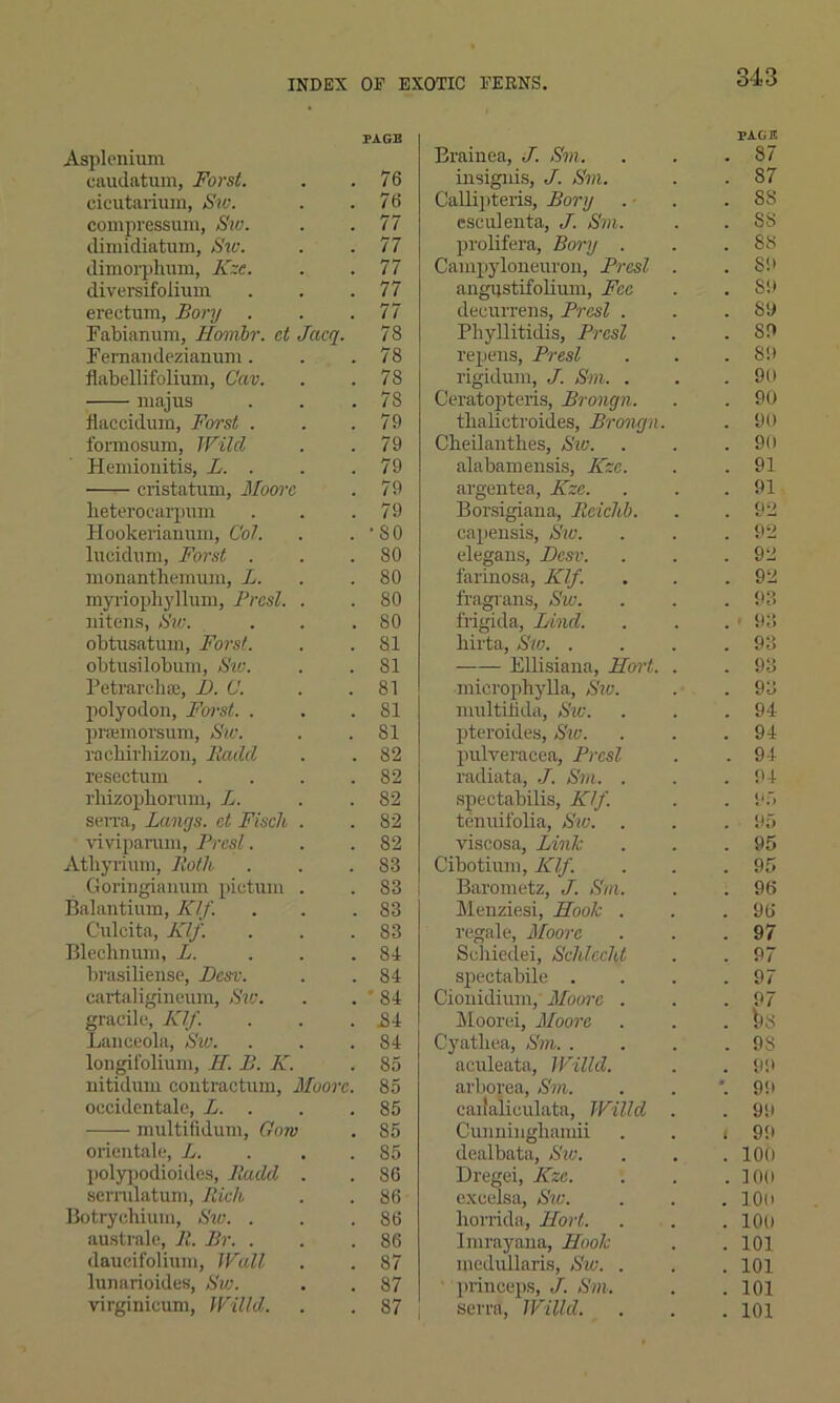 PAGE Asplenium eaudatum, Forst. . .76 cicutarium, Sw. . .76 compressum, Sw. . .77 dimidiatum, Sw. . .77 dimorphum, Kze. . .77 diversifolium . . .77 erectum, Bory . . .77 Fabianum, Hombr. et Jacq. 78 Femaiidezianum. . .78 flabeUifolium, Cav. . .78 majus . . .78 flaccidum, Forst . . .79 formosum, Wild . .79 Hemionitis, L. . . .79 cristatum, Moore . 79 lieterocarp uin . . .79 Hookerianum, Col. . .'80 lucidum, Forst . . .80 monantheinnm, L. .80 myriophylliim, Presl. . . 80 liitens, Sw. . . .80 obtnsatum, Forst. . .81 obtusilobum, Sic. . .81 Petrarclue, D. C. . .81 polyodon, Forst. . . .81 praamorsum, Sw. . , 81 rachirhizon, Itadd . .82 resectum . . . .82 rliizopkormn, L. . 82 serra, Langs, ct Fisch . .82 viviparum, Presl. . .82 Athyrium, Both . . .83 Goringianum pictum . . 83 Balantium, Klf. . . .83 Culcita, Klf. . . .83 Bleclmum, L. ... 84 brasiliense, JJesv. . .84 eartaligineum, Sw. . . ' 84 gracile, Klf. . . . jS4 Lanceola, Siv. . . .84 longifolium, II. B. K. . 85 nitidum contractum, Moore. 85 occidentalc, L. . . .85 multifidum, Gow . 85 orientate, L. . . 85 polypodioides, lladd . . 86 serrulatum, Rich . .86 Botryehium, Sw. . . .86 australc, R. Br. . . .86 daueifolium, Wall . . 87 lunarioides, Sw. . . 87 virginicum, Willd. . . 87 Brainea, J. Sm. TAGE 87 insignis, J. Sm. 87 Callipteris, Bory 88 esculenta, J. Sm. SS prolifera, Bory . 88 Campyloneuron, Presl . angnstifolium, Fee 89 89 decurrens, Presl . S9 Phyllitidis, Presl repens, Presl 89 89 rigidum, J. Sm. . 90 Ceratopteris, Brongn. 90 tlialicti'oides, Brongn. 90 Cheilanthes, Sw. 90 alabamensis, Kze. 91 argentea, Kze. Borsigiana, Reichb. 91 92 capensis, Sw. 92 elegans, Dcsv. 92 farinosa, Klf. 92 fragrans, Sw. frigida, Lind. 93 - 93 hirta, Sw. . 93 Ellisiana, Hort. . 93 microphylla, Sw. nmltilida, Sw. 94 pteroides, Sw. 94 pulveracea, Presl 94 radiata, J. Sm. . 94 spectabilis, Klf. 95 tennifolia, Sw. . 95 viscosa, Link 95 Cibotium, Klf. 95 Barometz, J. Sm. 96 Menziesi, Hook . 96 regale, Moore 97 Scliiedei, Schlecht 97 speetabile . 97 Cionidiuin, Moore . Moorei, Moore t)8 Cjrathea, Sm. . 9S aculeata, Wilhl. arborea, Sm. • 99 99 cailalioulata, Willd . 99 Cunningliamii t 99 dealbata, Sw. 100 Dregei, Kze. execlsa, Sic. liorrida, Hort. 100 10O 100 Imrayana, Hook 101 medullaris, Siv. . 101 princeps, J. Sm. 101 serra, Willd. 101