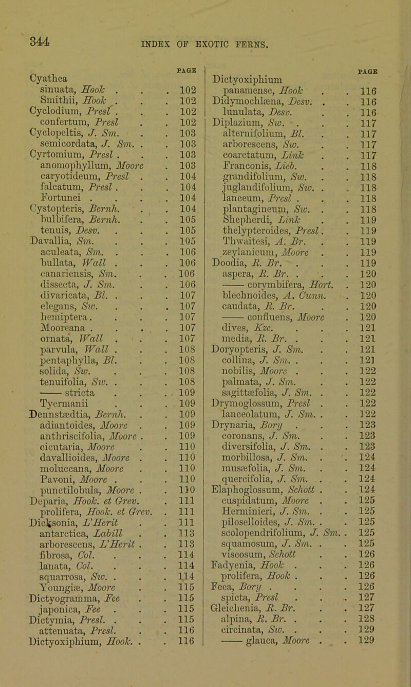 Cyatliea PAGE sinuata, Hook . . 102 Smithii, Hook . . 102 Cyclodium, Prcsl . . 102 confertum, Prcsl . 102 Cyclopeltis, J. Sm. . 103 semicordata, J. Sm. . . 103 Cyrtomium, Prcsl . . 103 anomophyllum, Moore . 103 caryotidevim, Prcsl . . 104 falcatum, Prcsl. . 104 Fortunei . . 104 Cystopteris, Bcrnh. . 104 bulbifera, Bcrnh. . 105 tenuis, Desv. . 105 Davallia, Sm. . 105 aculeata, Sm. . . 106 bullata, Wall . . 106 canariensis, Sm. . 106 disseeta, J. Sm. . 106 divaricata, Bl. . . 107 elegans, Sw. . 107 liemiptera. . 107 Mooreana . . 107 ornata, Wall . . 107 parvula, Wall . . 108 pentapliylla, Bl. . 108 solida, Sw. . 108 tenuifolia, Sw. . . 108 stricta . 109 Tyermanii . 109 Dennstsedtia, Bcrnh. . 109 adiantoides, Moore . . 109 anthriscifolia, Moore . . 109 cicutaria, Moore . 110 davallioides, Moore . . 110 moluccana, Moore . 110 Pavoni, Moore . . 110 punetilobula, Moore . . 110 Deparia, Hook, ct Grcv. prolifera, Hook, ct Grcv. . Ill . Ill Dicljsonia, L’Hcrit . Ill antarctica, Labill . 113 arboreseens, L'Hcril . . 113 fibrosa, Col. . 114 lanata, Col. . 114 squarrosa, Sw. . . 114 Youngite, Moore . 115 Dietyogramma, Fee . 115 japonica, Fee . 115 Dictymia, Prcsl. . . 115 attenuata, Prcsl. . 116 Dictyoxipliium, Hook. . . 116 PAGE Dictyoxipliium panamense, Hook . . 116 Didymochlsena, JJcsv. . . 116 lunulata, Desv. . .116 Diplazium, Sw. . . . 117 alternifolium, Bl. . . 117 arboreseens, Sw. . .117 coarctatuin, Link . . 117 Franconis, Lieb. . .118 grandifolium, Sw. . . 118 juglandifolium, Sw. . .118 lanceum, Prcsl . . .118 plantagincmn, Sw. . . 118 Shepherdi, Link . . 119 thelypteroides, Prcsl. . 119 Thwaitesi, A. Br. . . 119 zeylanicum, Moon . . 119 Doodia, B. Br. . . .119 aspera, B. Br. . . .120 corymbifera, Hort. . 120 bleclmoides, A. Gunn. . 120 caudata, B. Br. . .120 confiuens, Moore . 120 dives, Kzc. . . .121 media, B. Br. . . .121 Doryopteris, J. Sm. . .121 collina, J. Sm. . . .121 nobilis, Moore . . .122 palmata, J. Sm. . .122 sagittaefolia, J. Sm. . . 122 Drymoglossum, Prcsl . . 122 lanceolatum, J. Sm. . .122 Drynaria, Bory . . .123 corouans, J. Sm. . . 123 diversifolia, J. Sm. . .123 morbillosa, J. Sm. . . 124 musrefolia, J. Sm. . .124 quercifolia, J. Sm. . .124 Elaphoglossum, Schott . . 124 cuspidatum, Moore . .125 Henninieri, J. Sm. . .125 pilosclloides, J. Sm. . . 125 scolopendrif'olium, J. Sm. . 125 squamosum, J. Sm. . .125 viscosuin, Schott . .126 Fadyenia, Hook . . . 126 prolifera, Hook . . .126 Feea, Bory .... 126 spicta, Prcsl . . .127 Gleiclienia, B. Br. . . 127 alpina, R. Br. . . . 128 circinata, Sw. . . .129 glauca, Moore . .129